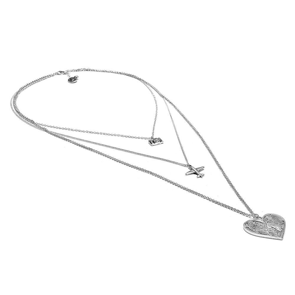 Vestopazzo Airplane/Camera/Heart Pendant Triple Chain Necklace (LO53088) - SILVER