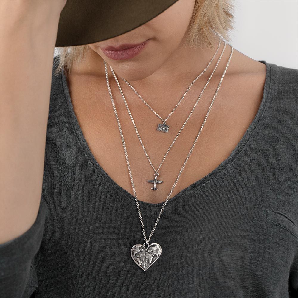 Vestopazzo Airplane/Camera/Heart Pendant Triple Chain Necklace (LO53088) - SILVER