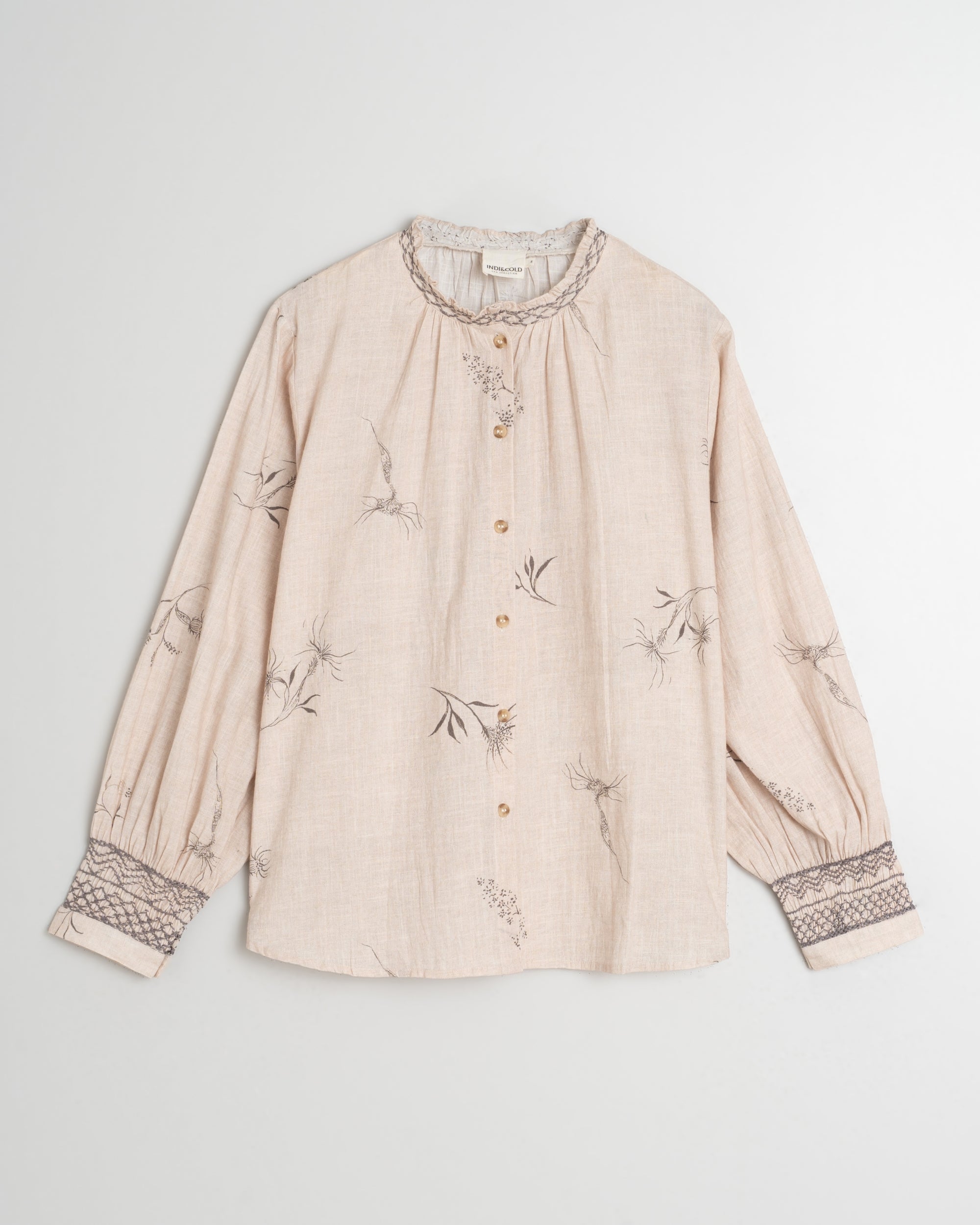 Indi & Cold Flower Print Shirt with Feather Details (AD165) - Beige