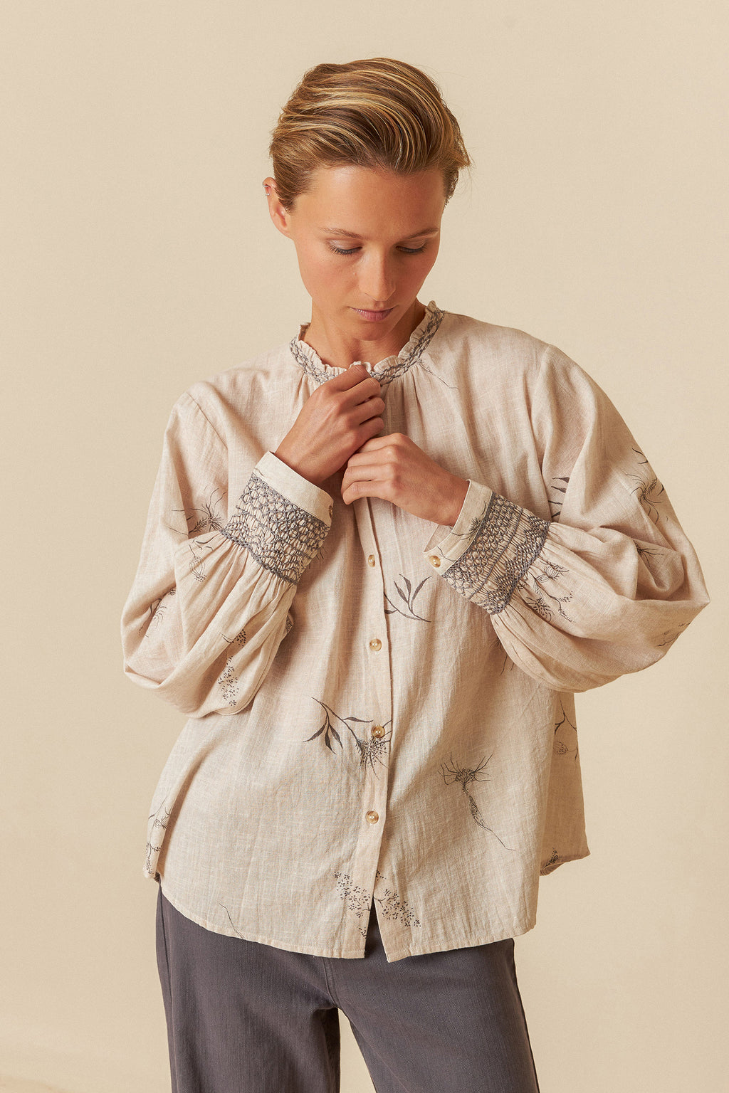 Indi & Cold Flower Print Shirt with Feather Details (AD165) - Beige