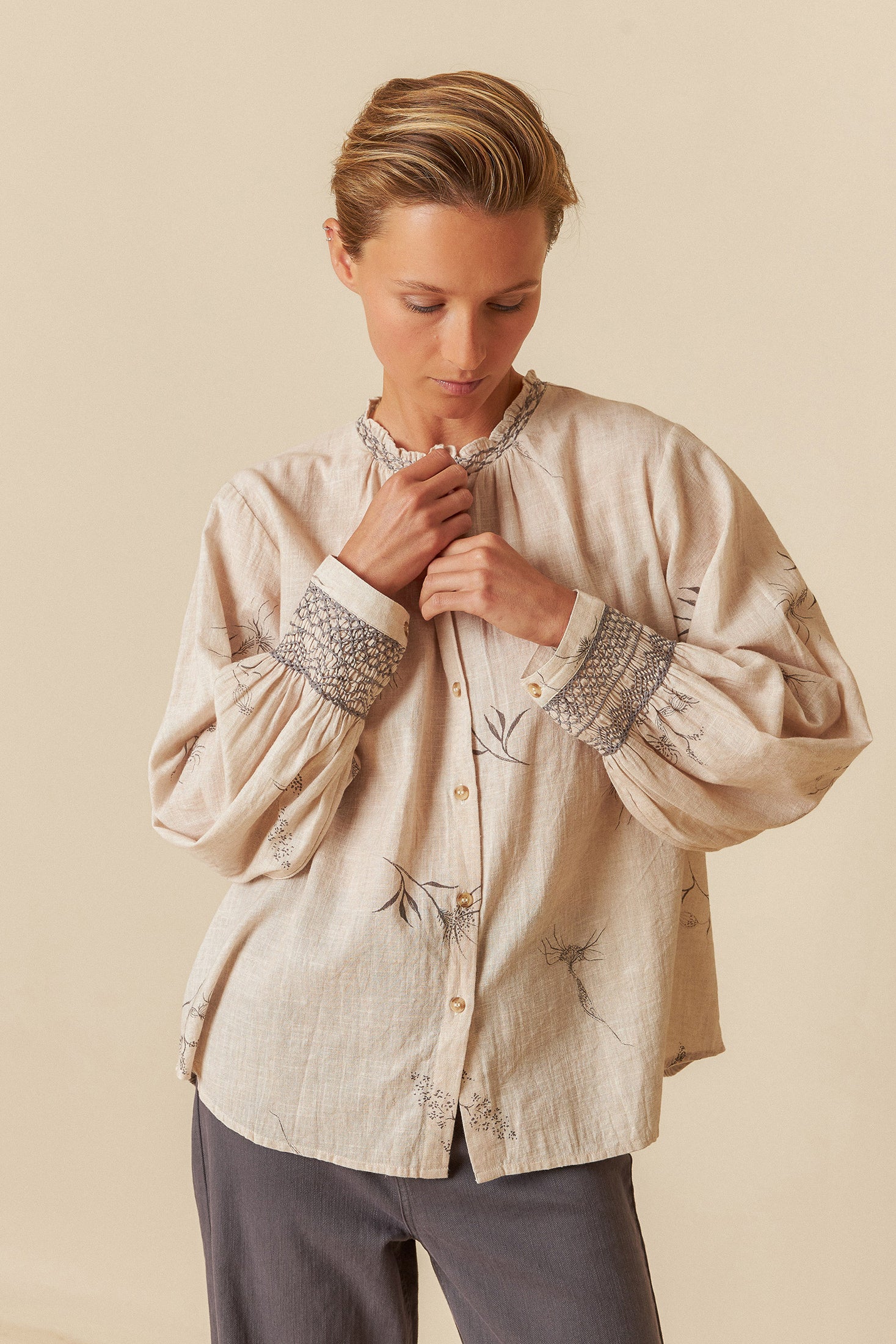 Indi & Cold Flower Print Shirt with Feather Details (AD165) - Beige