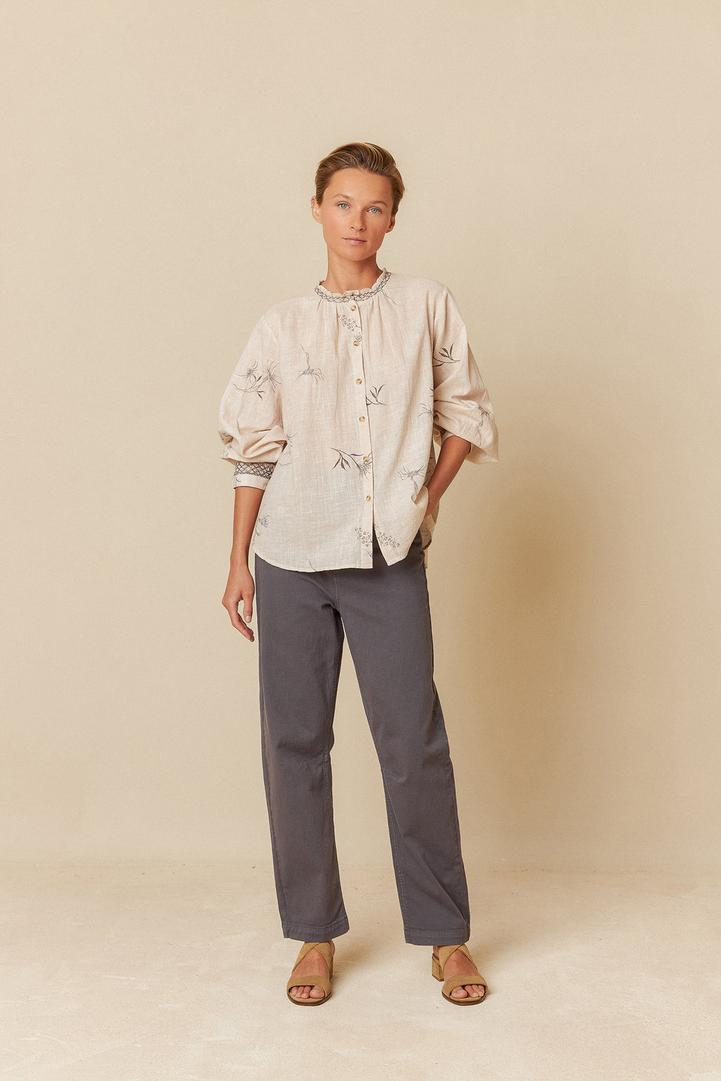 Indi & Cold Flower Print Shirt with Feather Details (AD165) - Beige