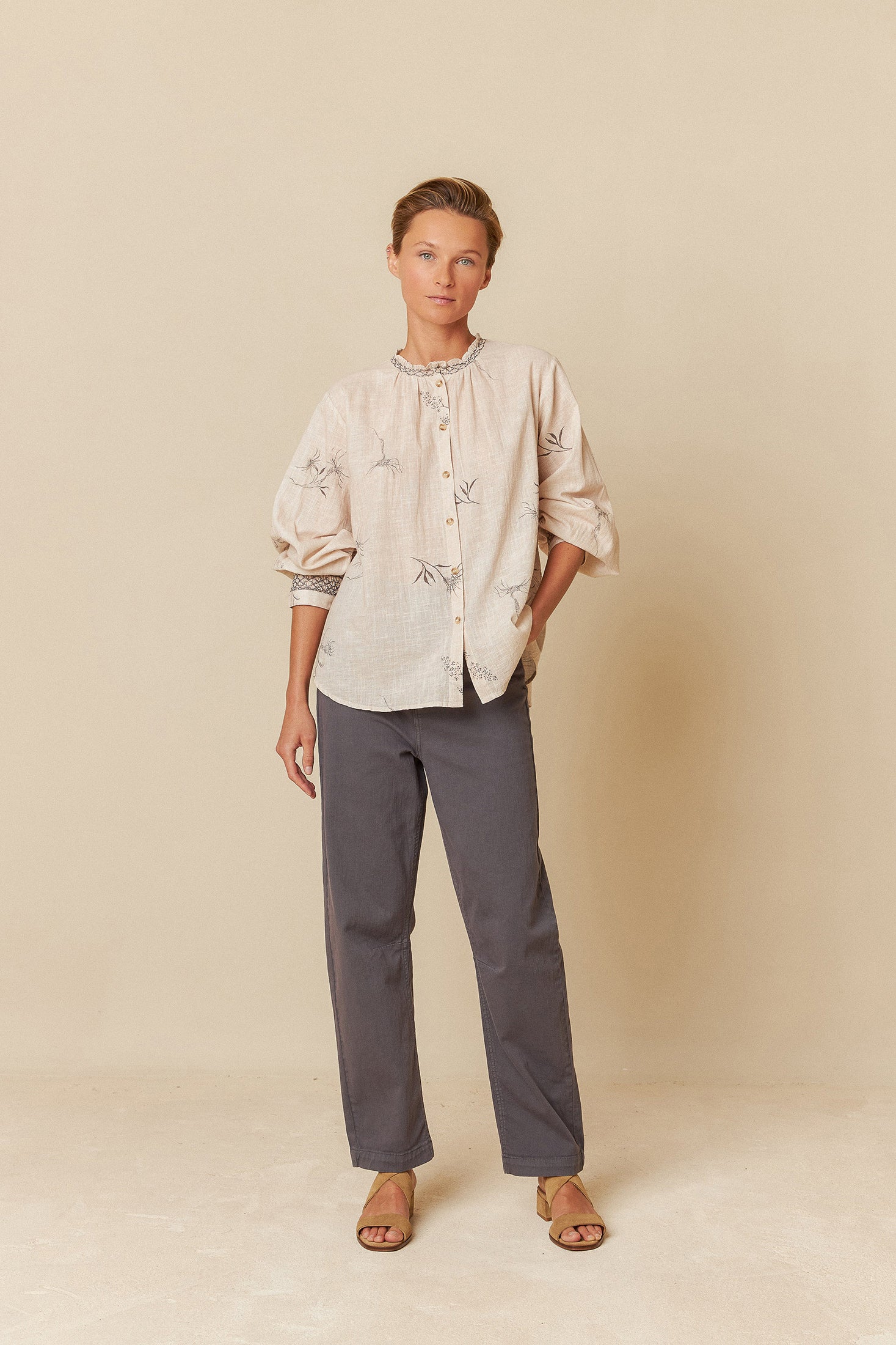 Indi & Cold Flower Print Shirt with Feather Details (AD165) - Beige