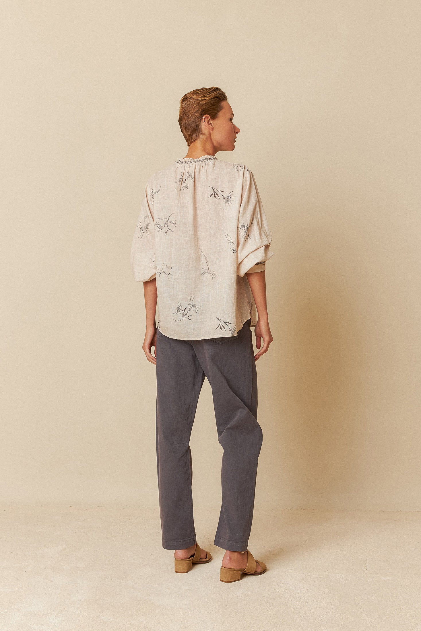 Indi & Cold Flower Print Shirt with Feather Details (AD165) - Beige