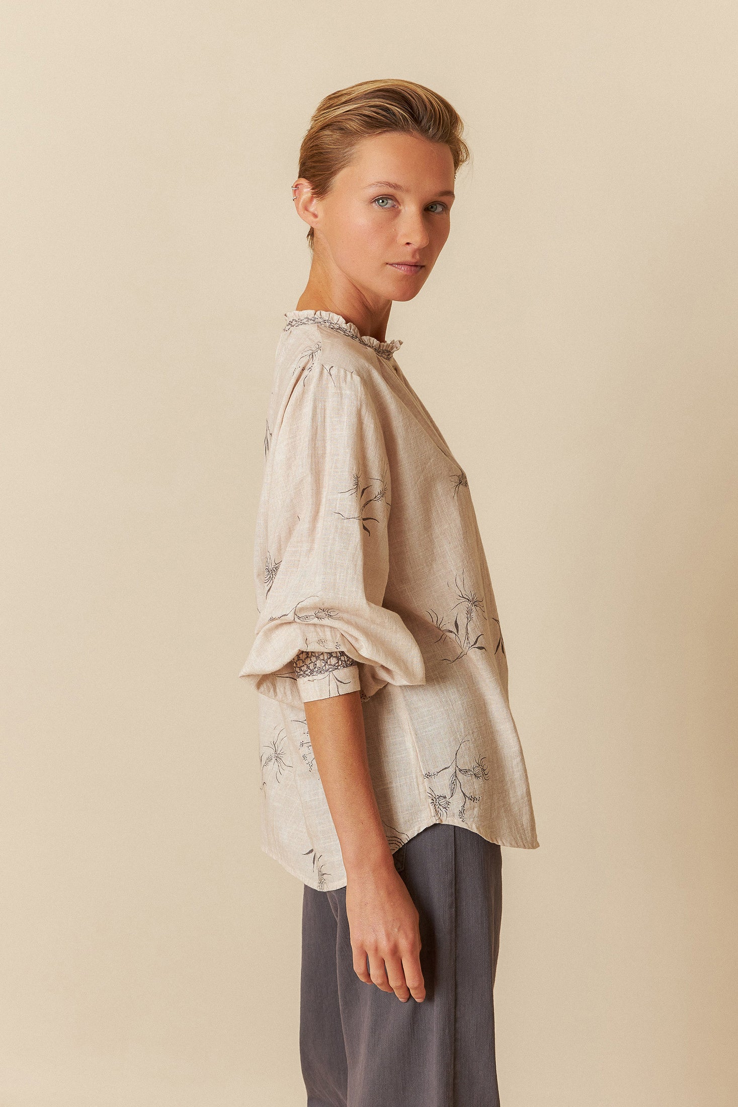 Indi & Cold Flower Print Shirt with Feather Details (AD165) - Beige