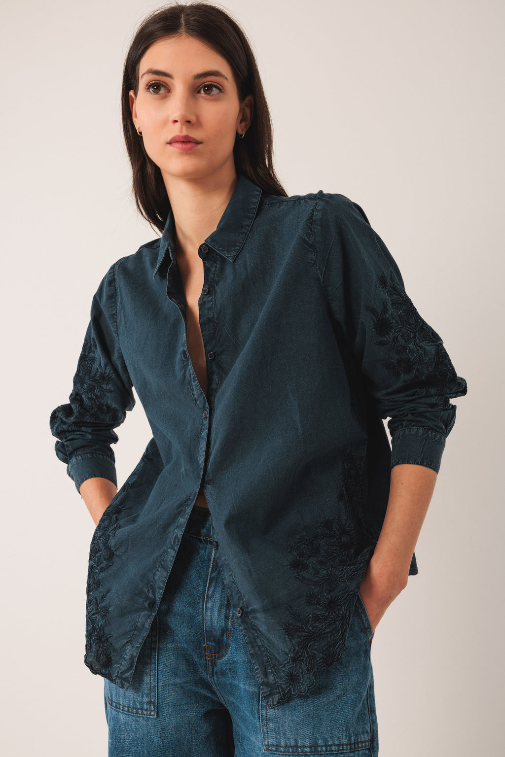 Indi & Cold Embroidered Voile Shirt (AD385) - Marino