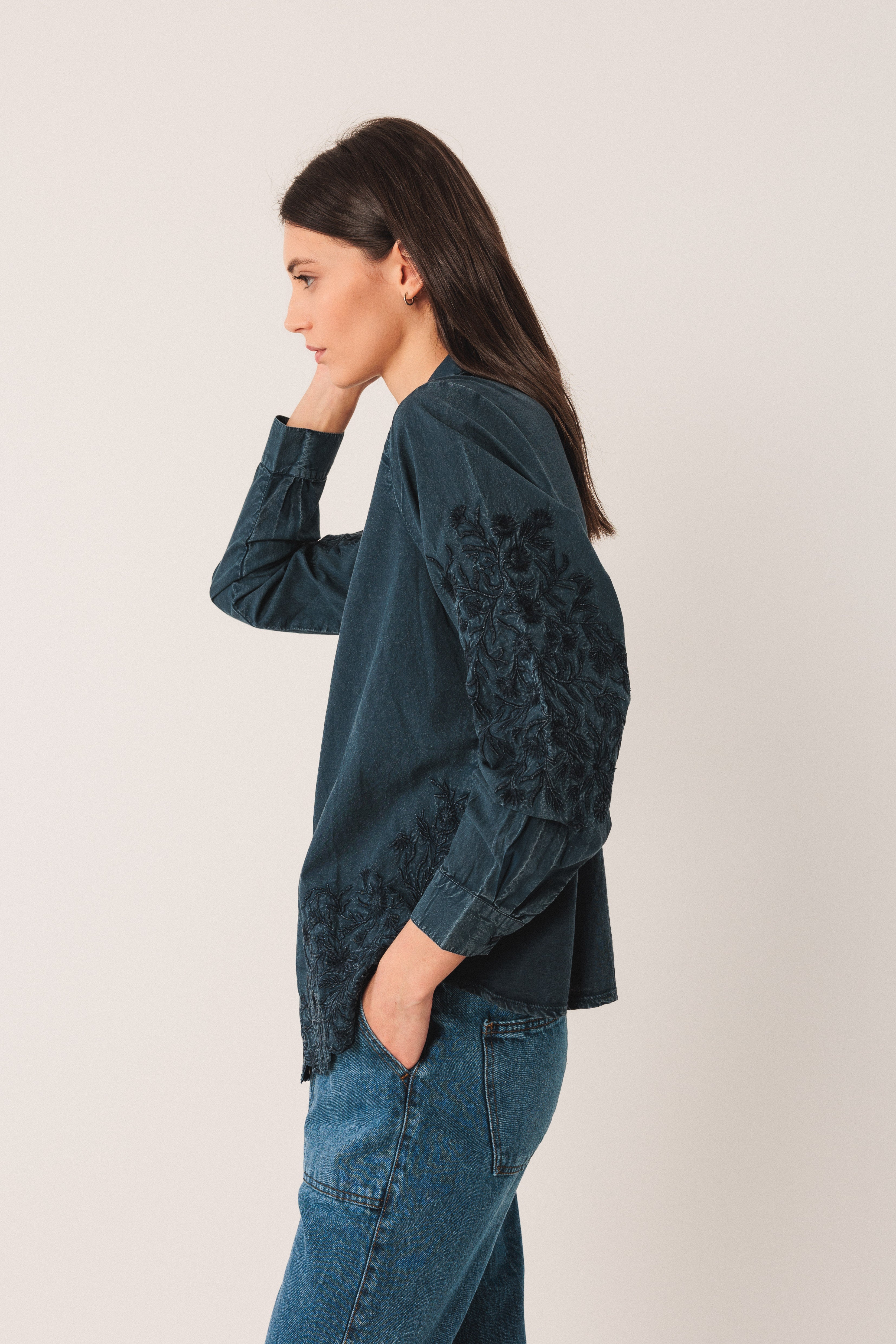 Indi & Cold Embroidered Voile Shirt (AD385) - Marino