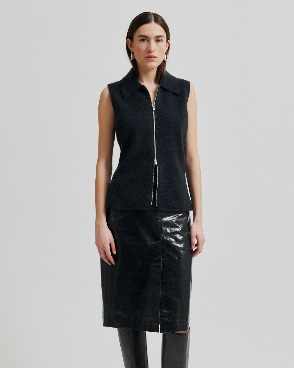 Second Female Aware Knit Zip Vest - Dark Grey
