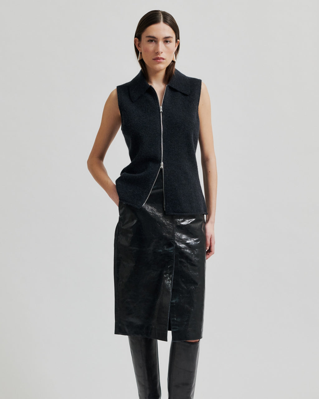 Second Female Aware Knit Zip Vest - Dark Grey