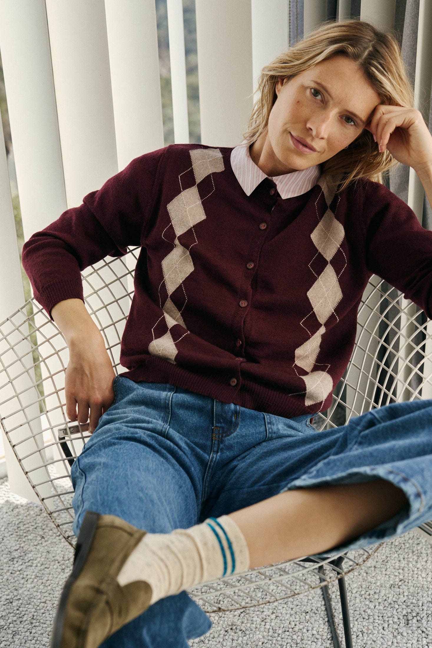 Indi & Cold Merino Argyle Cardigan (AX516) - Caoba