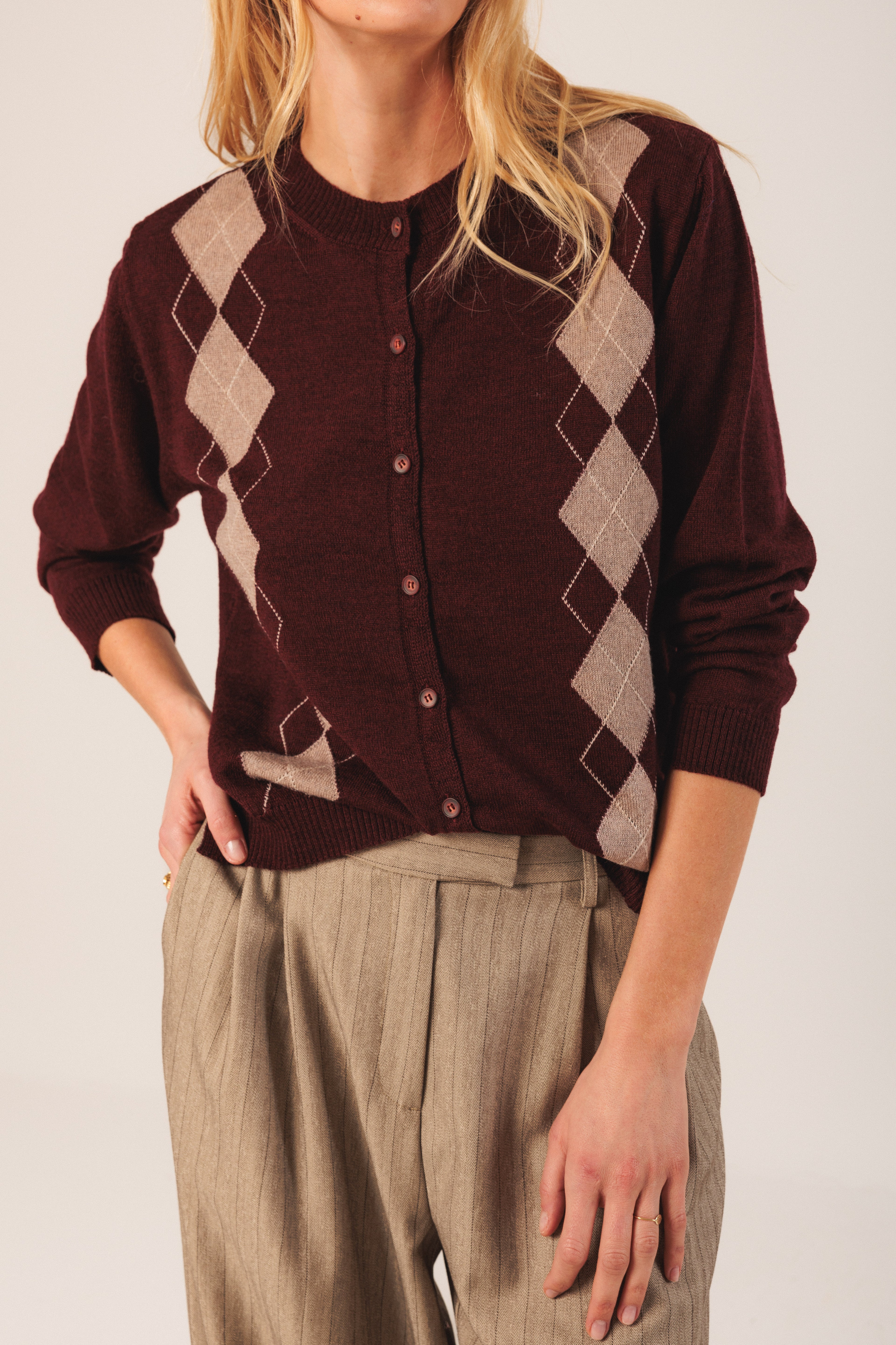 Indi & Cold Merino Argyle Cardigan (AX516) - Caoba