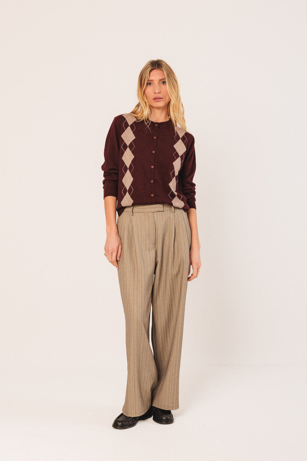 Indi & Cold Merino Argyle Cardigan (AX516) - Caoba