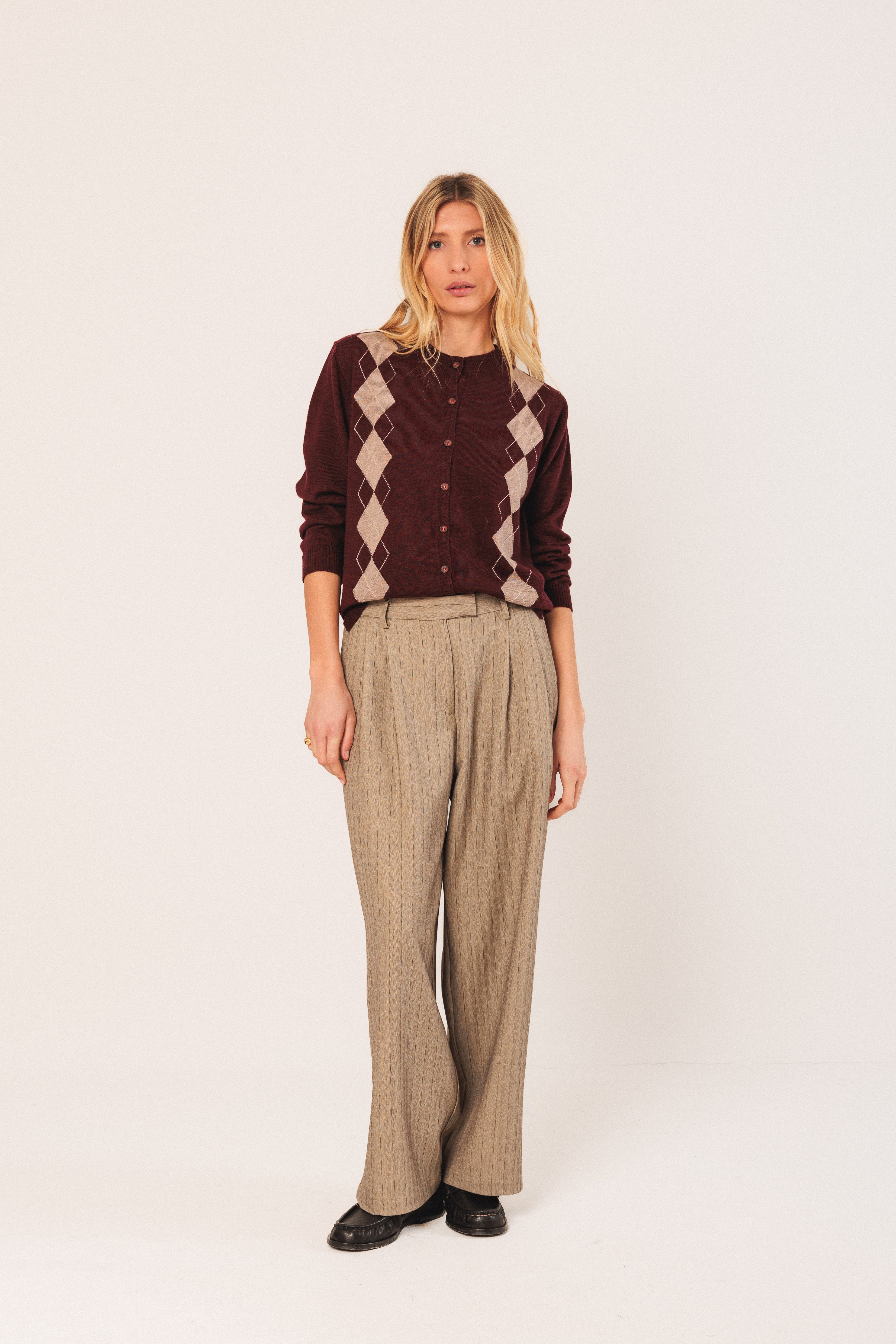 Indi & Cold Merino Argyle Cardigan (AX516) - Caoba