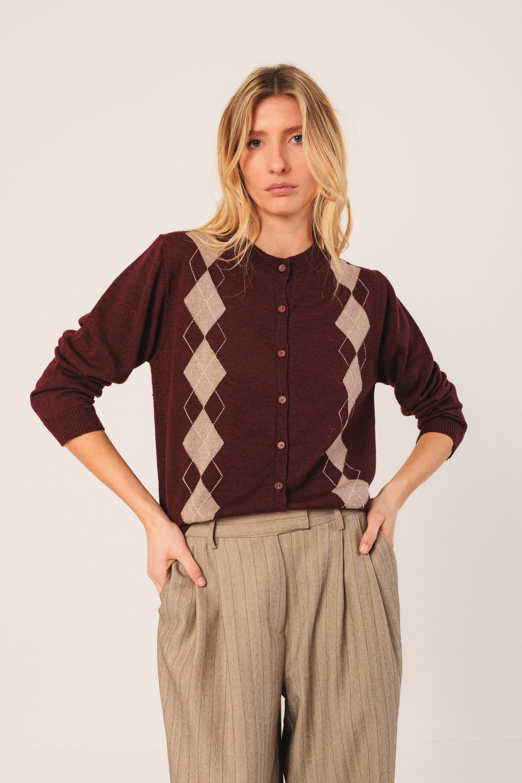 Indi & Cold Merino Argyle Cardigan (AX516) - Caoba