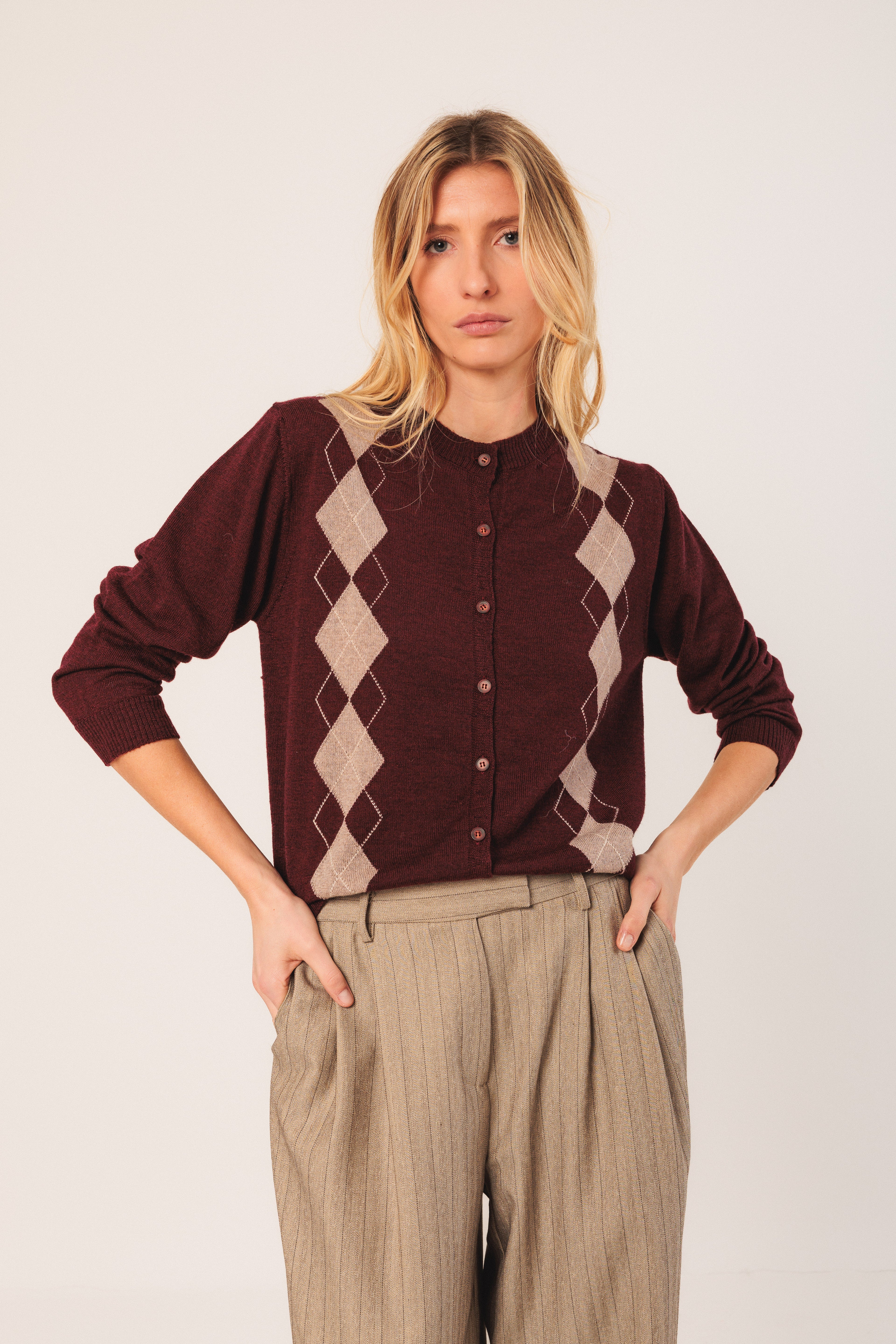 Indi & Cold Merino Argyle Cardigan (AX516) - Caoba