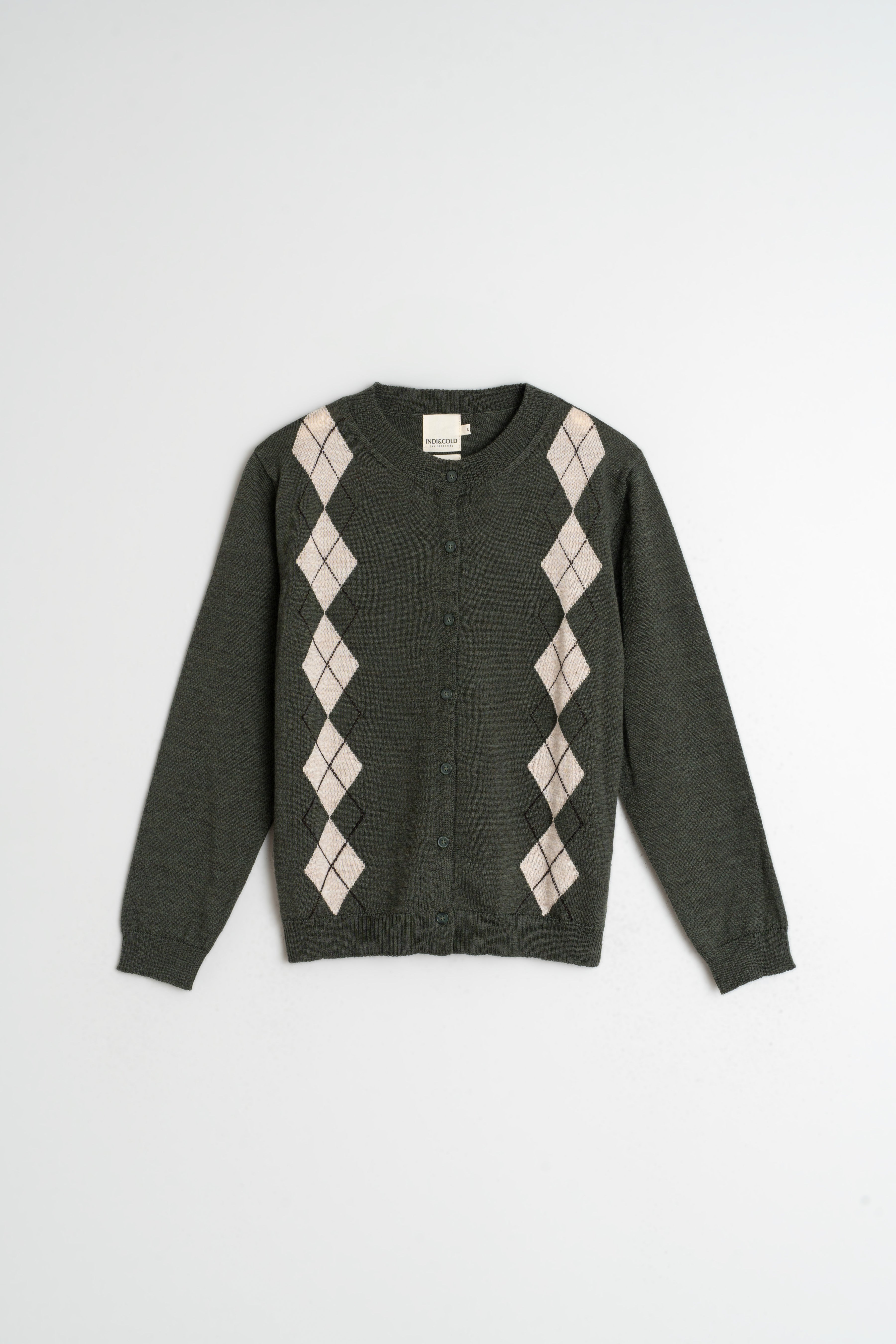 Indi & Cold Merino Argyle Cardigan (AX516) - Oliva