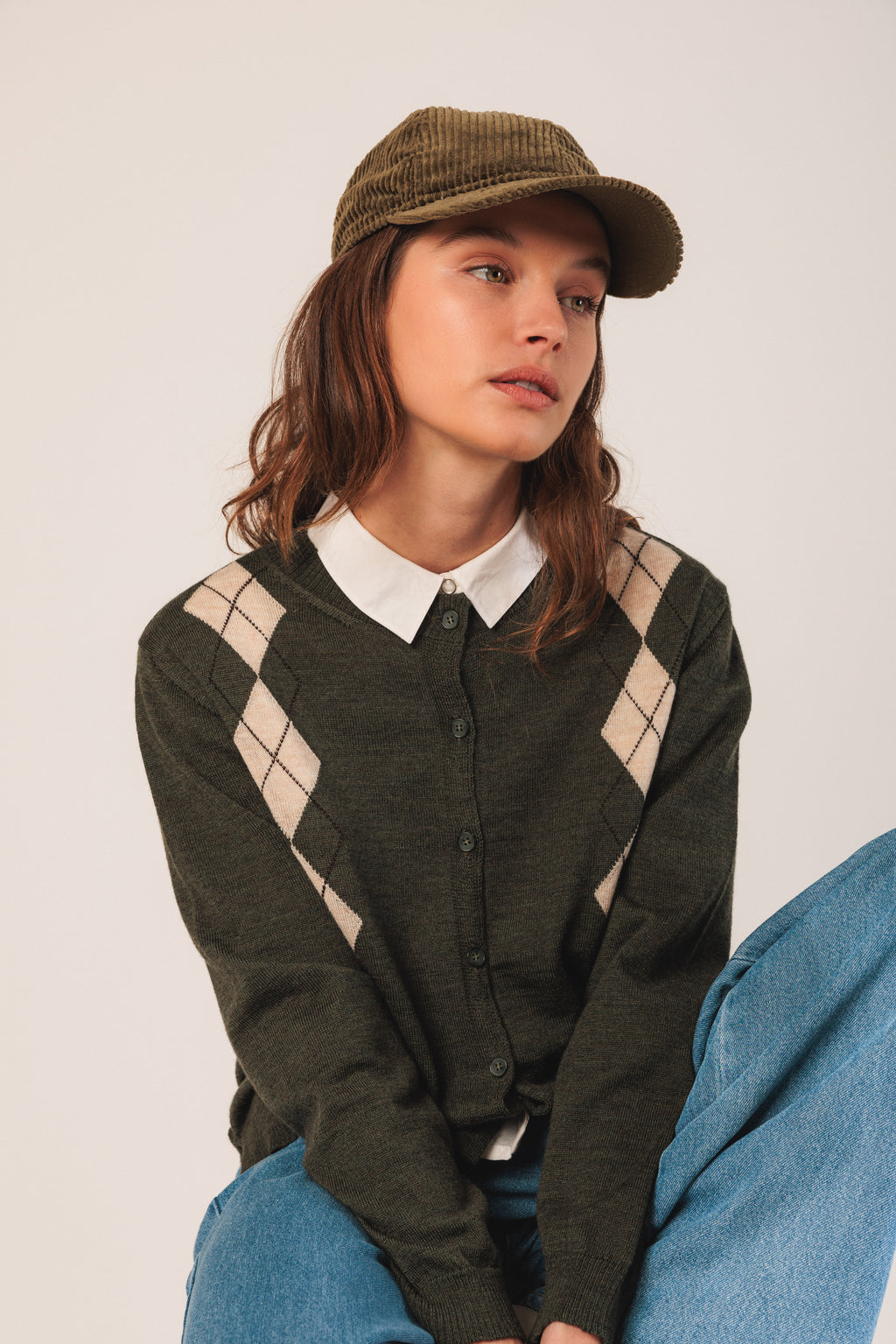 Indi & Cold Merino Argyle Cardigan (AX516) - Oliva