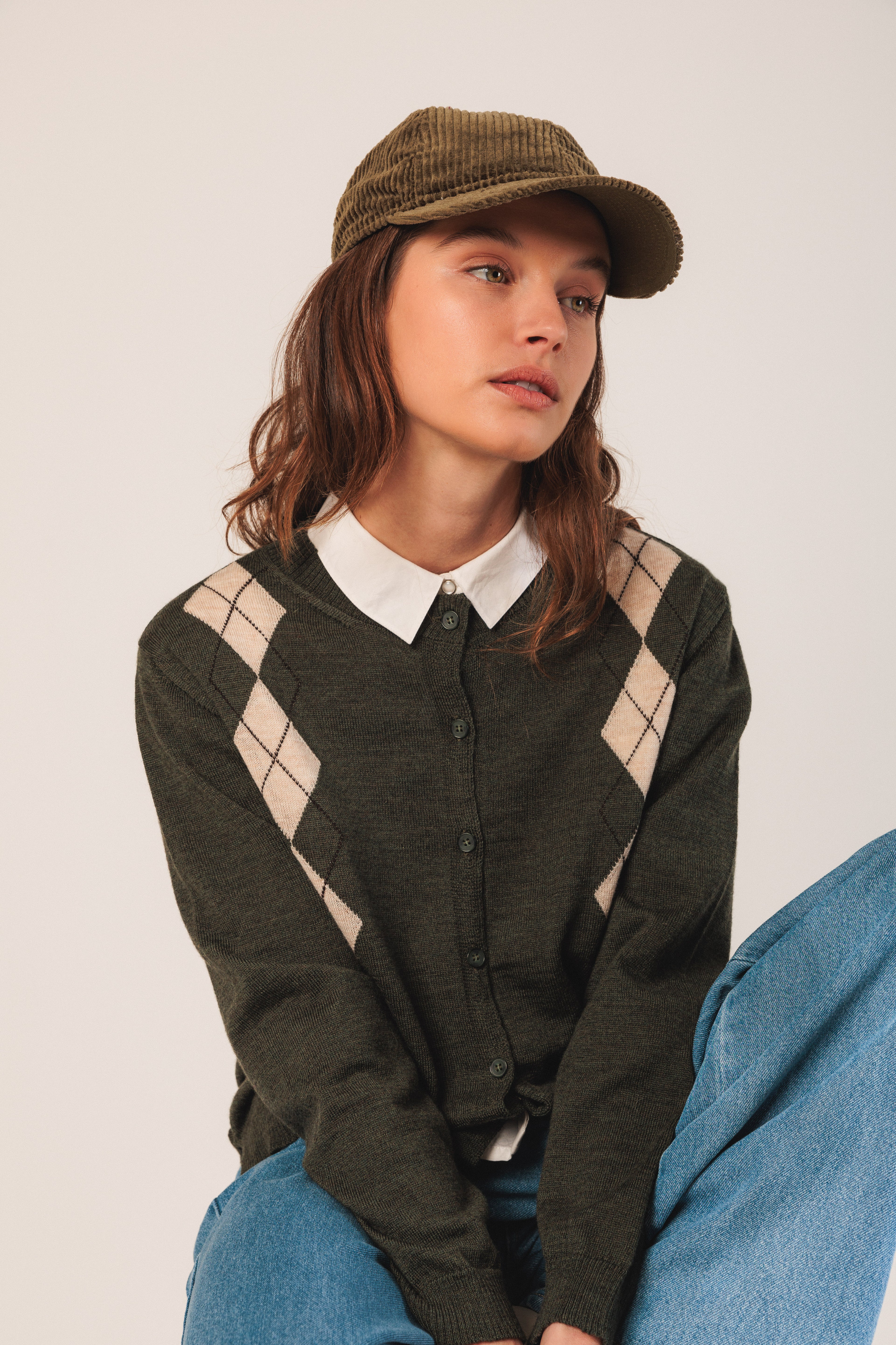 Indi & Cold Merino Argyle Cardigan (AX516) - Oliva