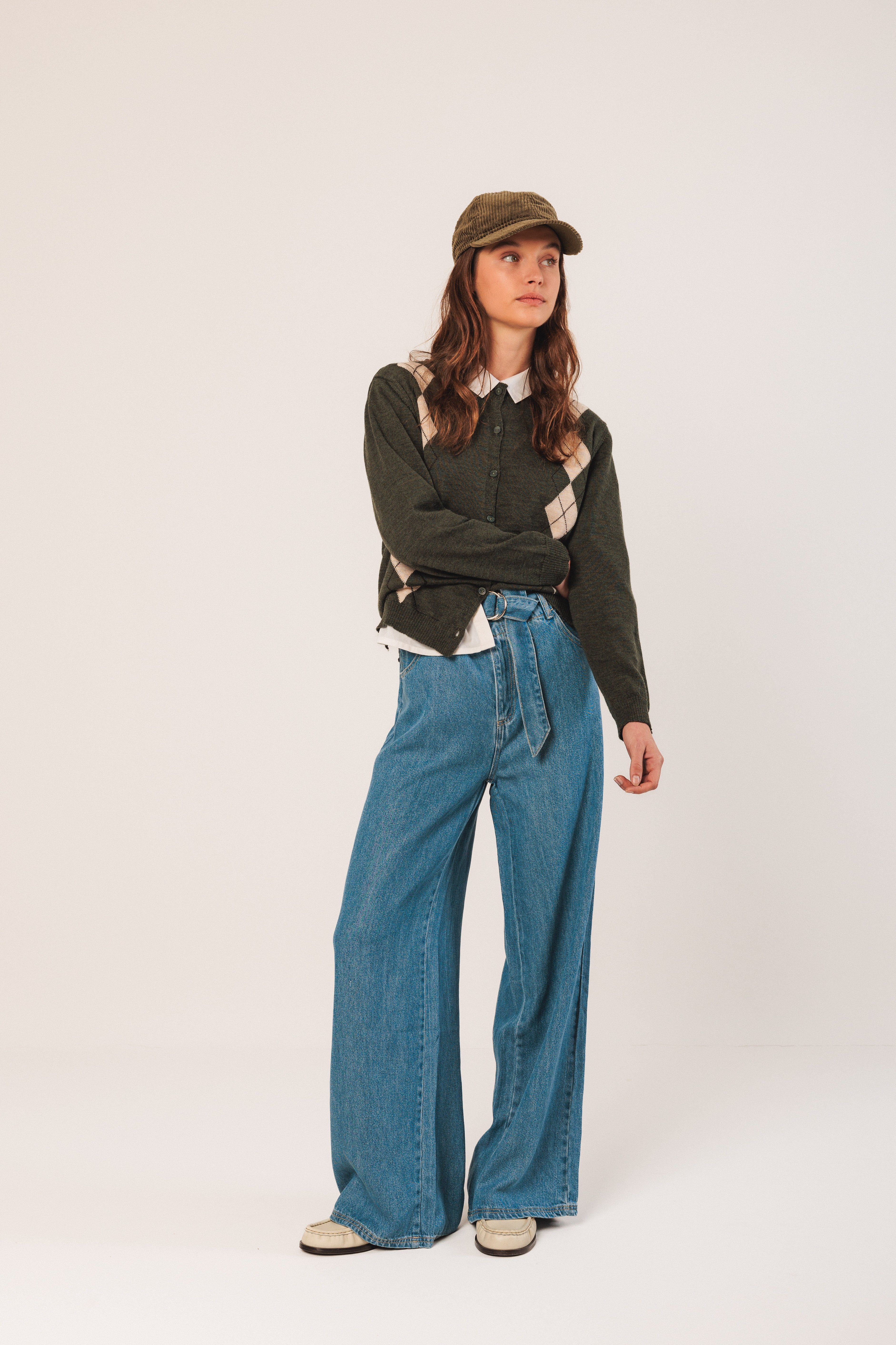 Indi & Cold Merino Argyle Cardigan (AX516) - Oliva