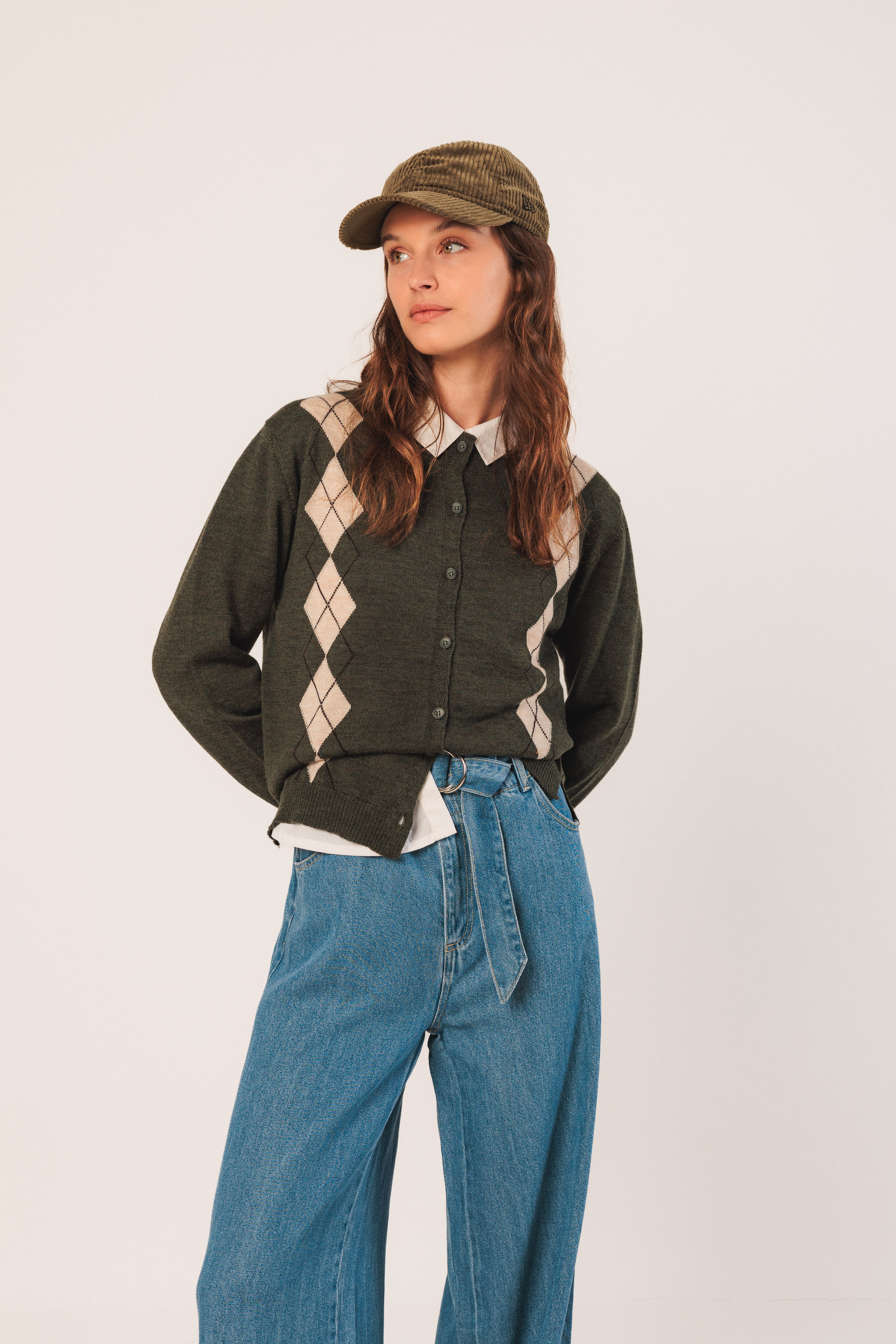 Indi & Cold Merino Argyle Cardigan (AX516) - Oliva