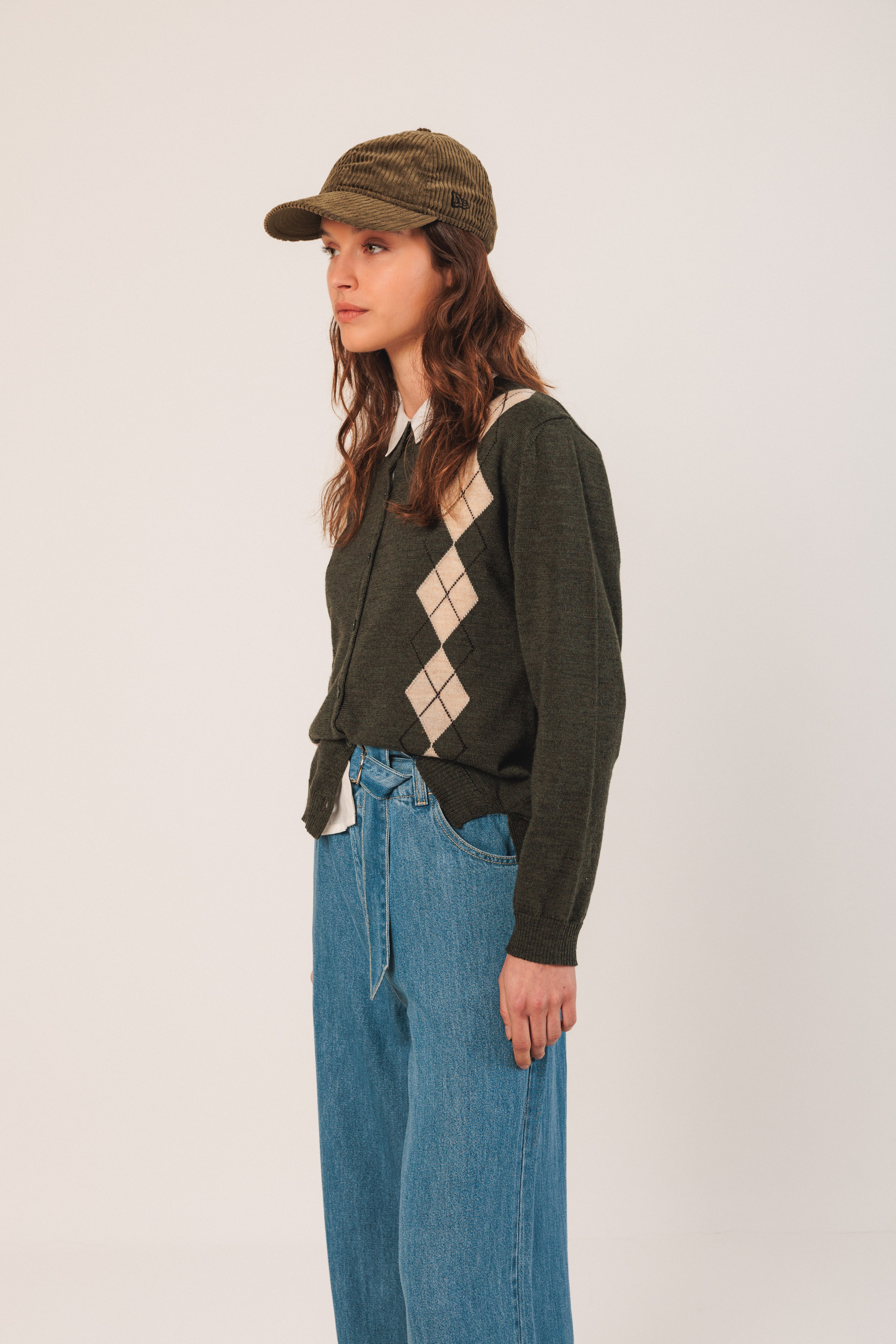 Indi & Cold Merino Argyle Cardigan (AX516) - Oliva