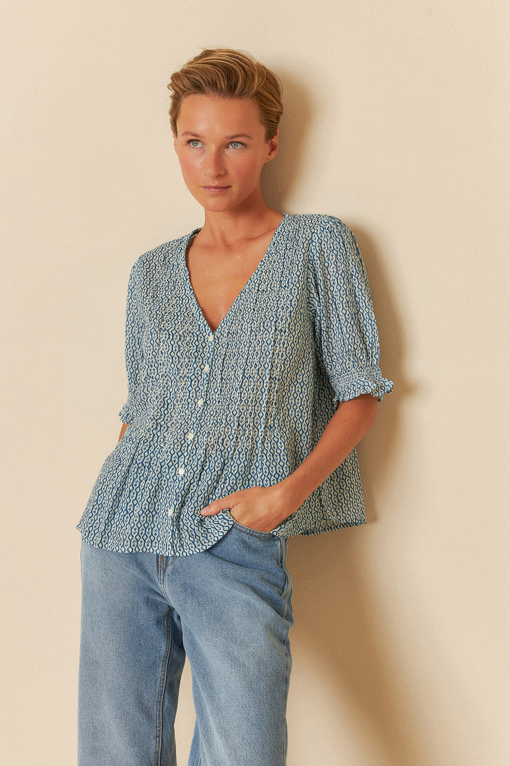 Indi & Cold Elastic Short Sleeve Shirt (BK171) - Indigo