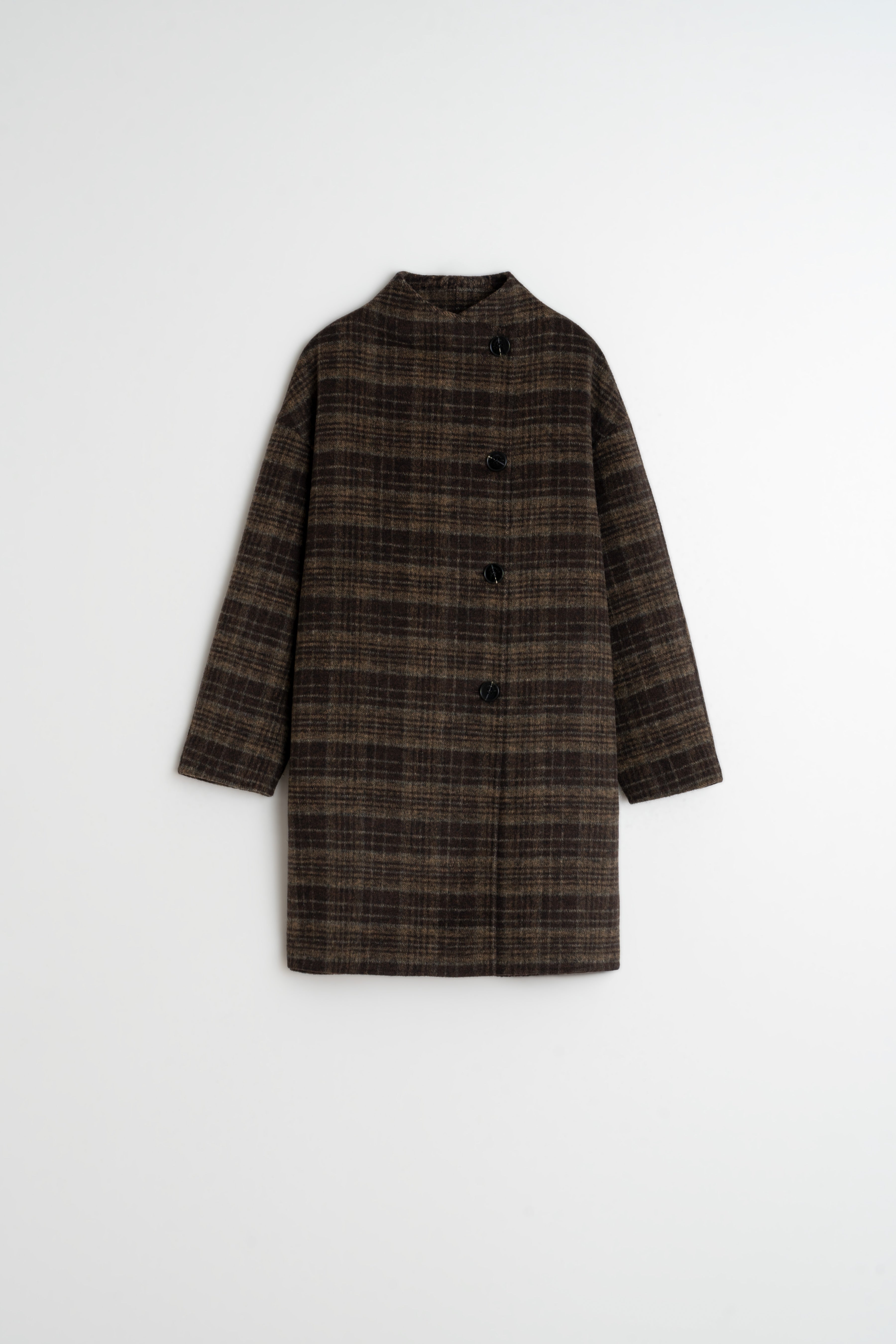 Indi & Cold Asymmetric Plaid Coat (BY607) - Khaki