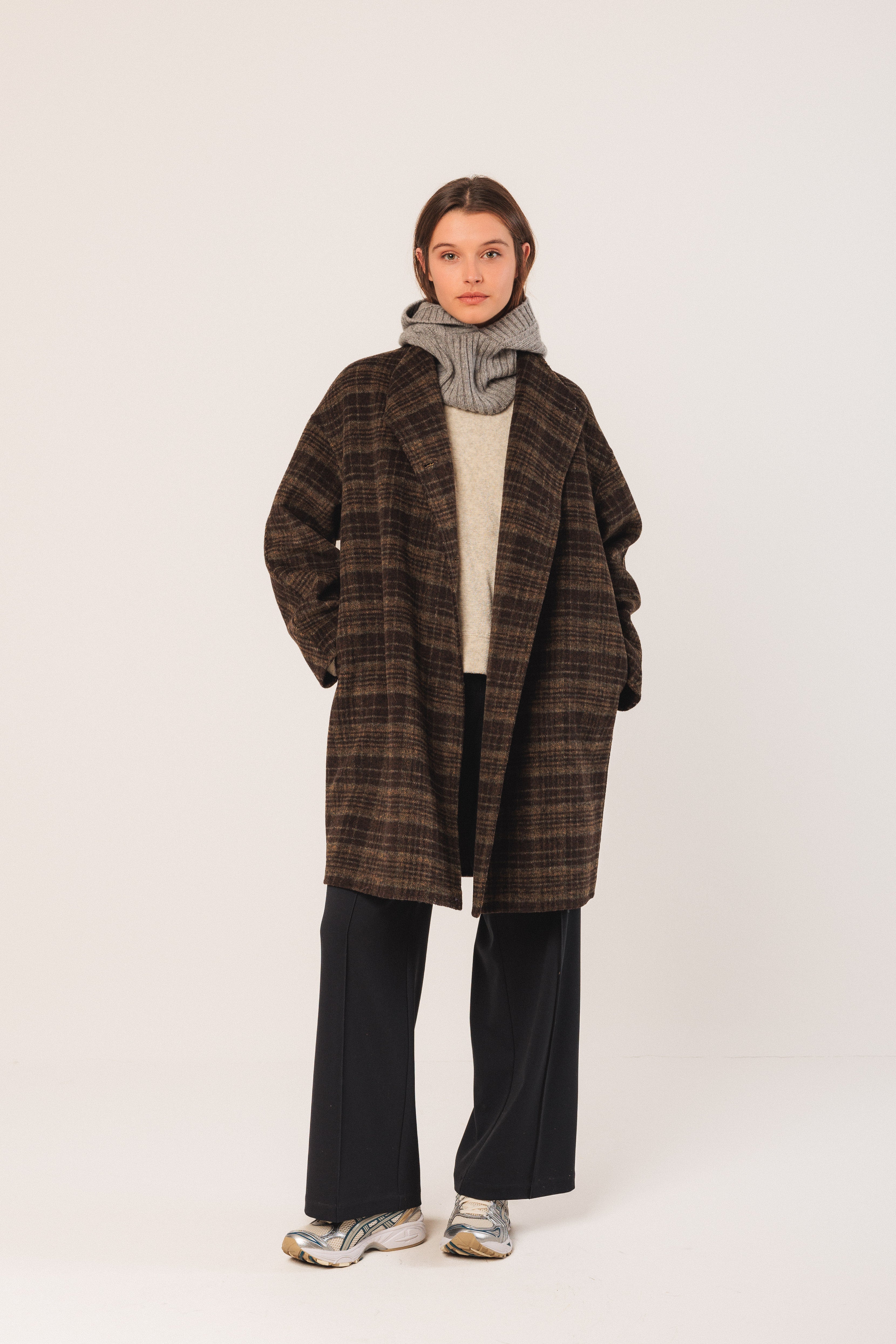 Indi & Cold Asymmetric Plaid Coat (BY607) - Khaki