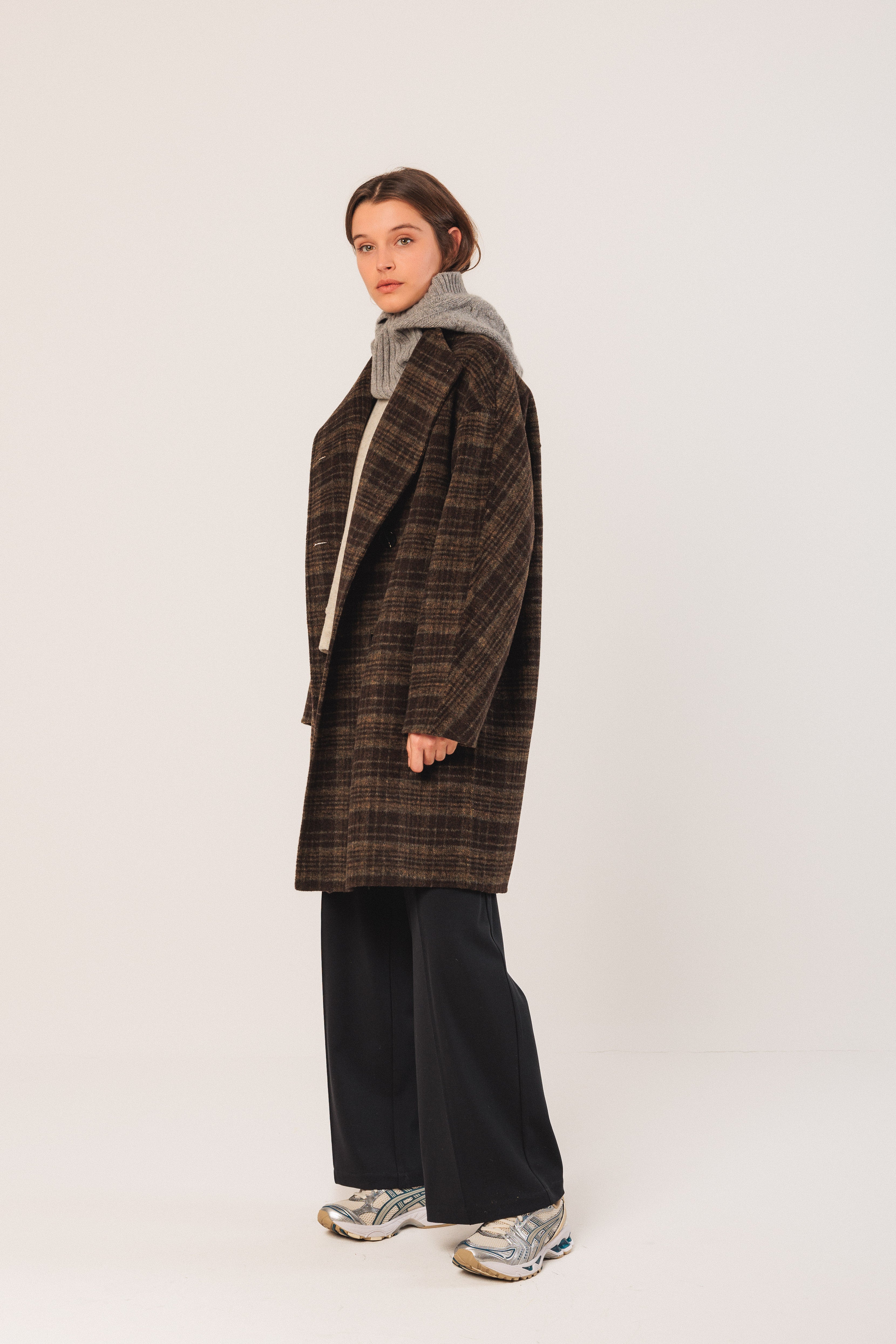 Indi & Cold Asymmetric Plaid Coat (BY607) - Khaki