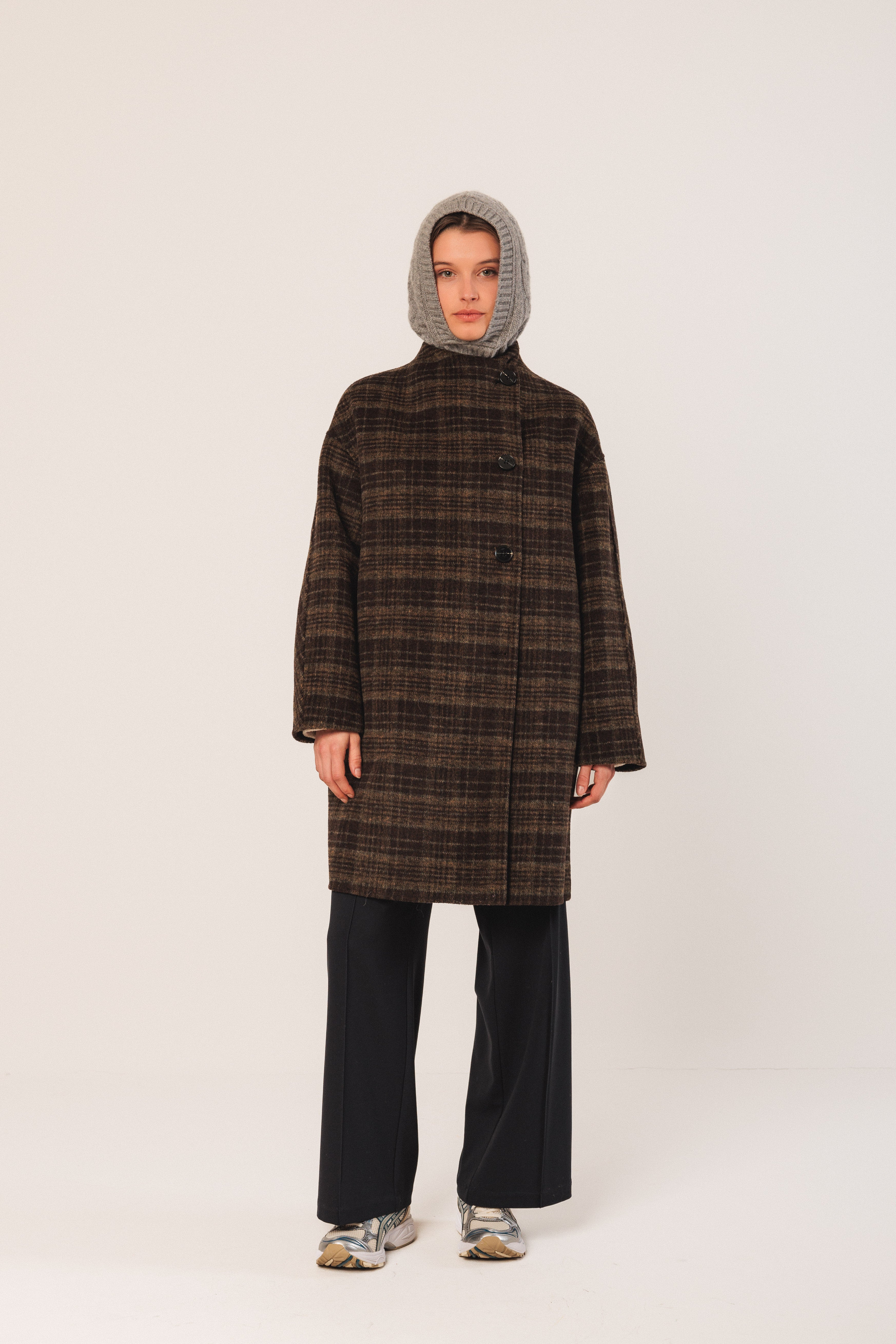Indi & Cold Asymmetric Plaid Coat (BY607) - Khaki