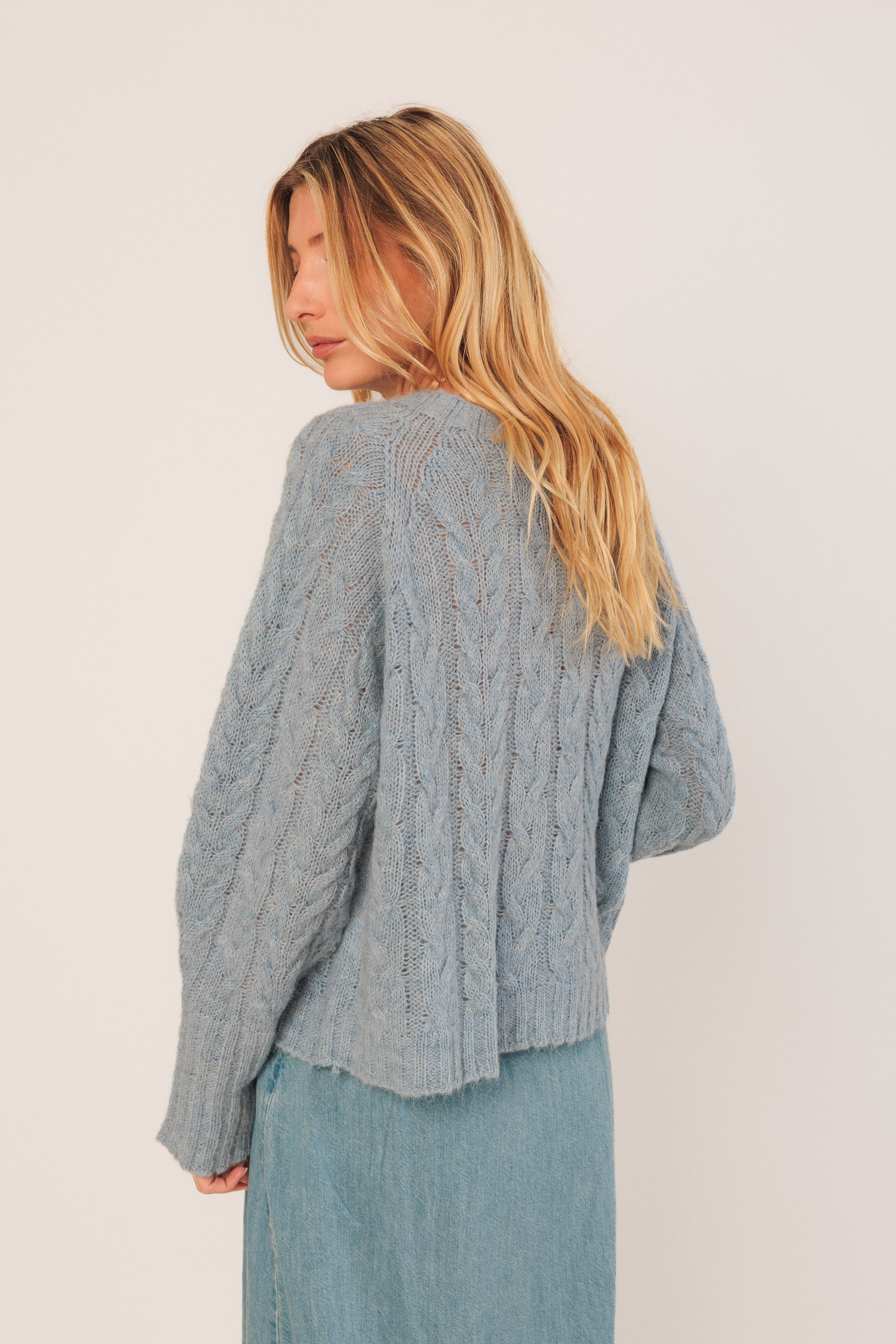 Indi & Cold Cable Knit Crop Sweater (EA501) - Cielo