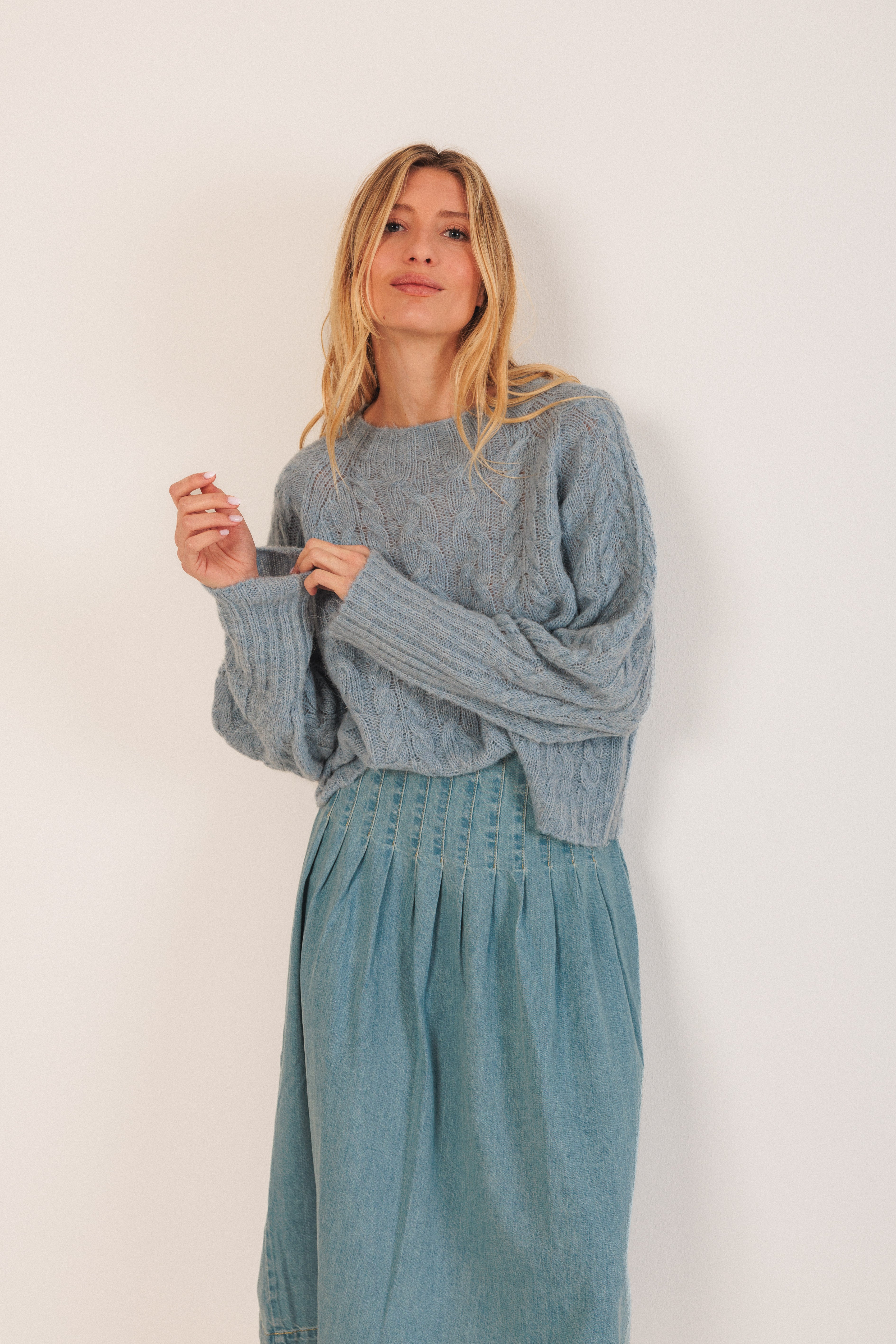 Indi & Cold Cable Knit Crop Sweater (EA501) - Cielo