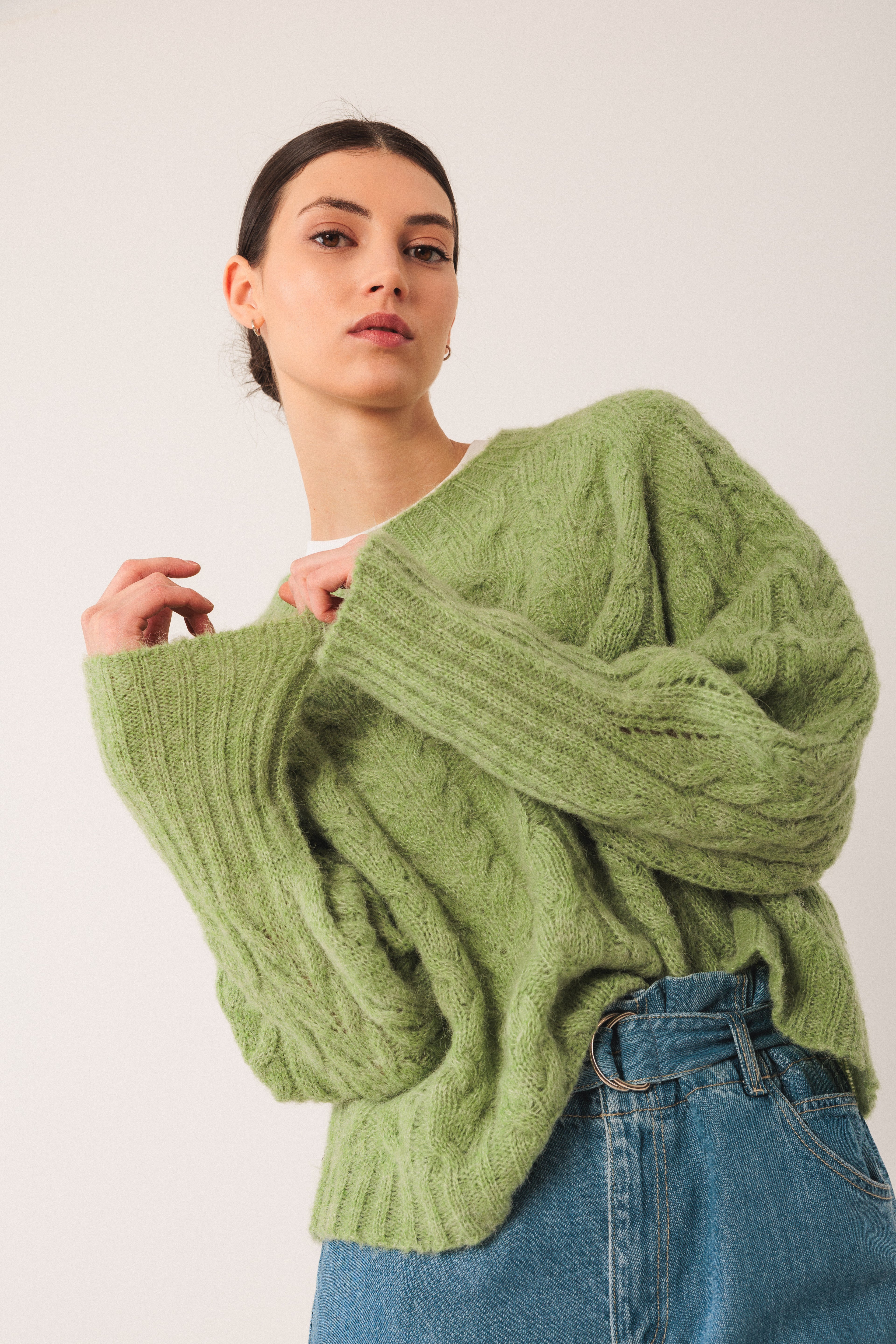 Indi & Cold Cable Knit Crop Sweater (EA501) - Matcha