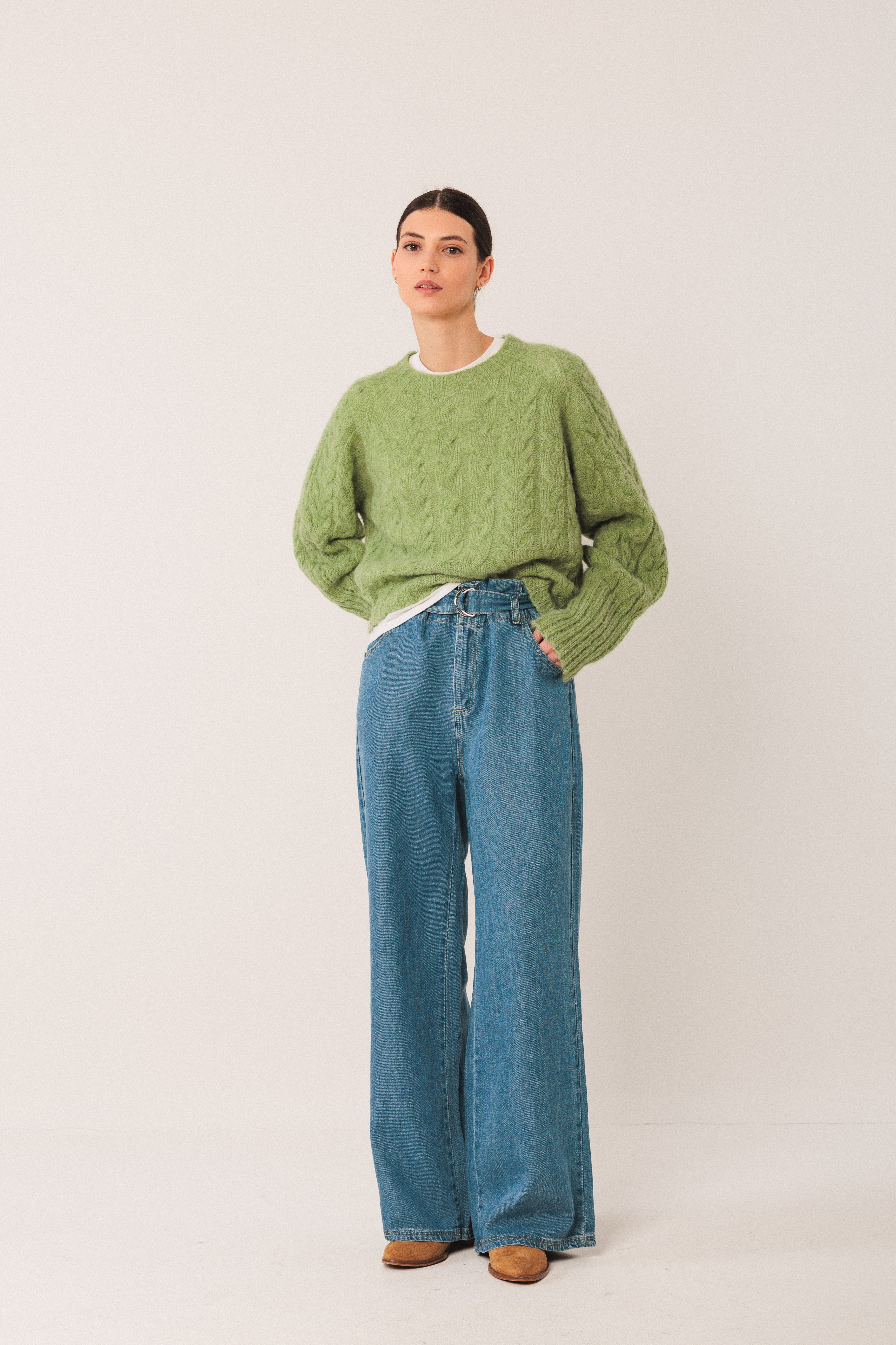 Indi & Cold Cable Knit Crop Sweater (EA501) - Matcha