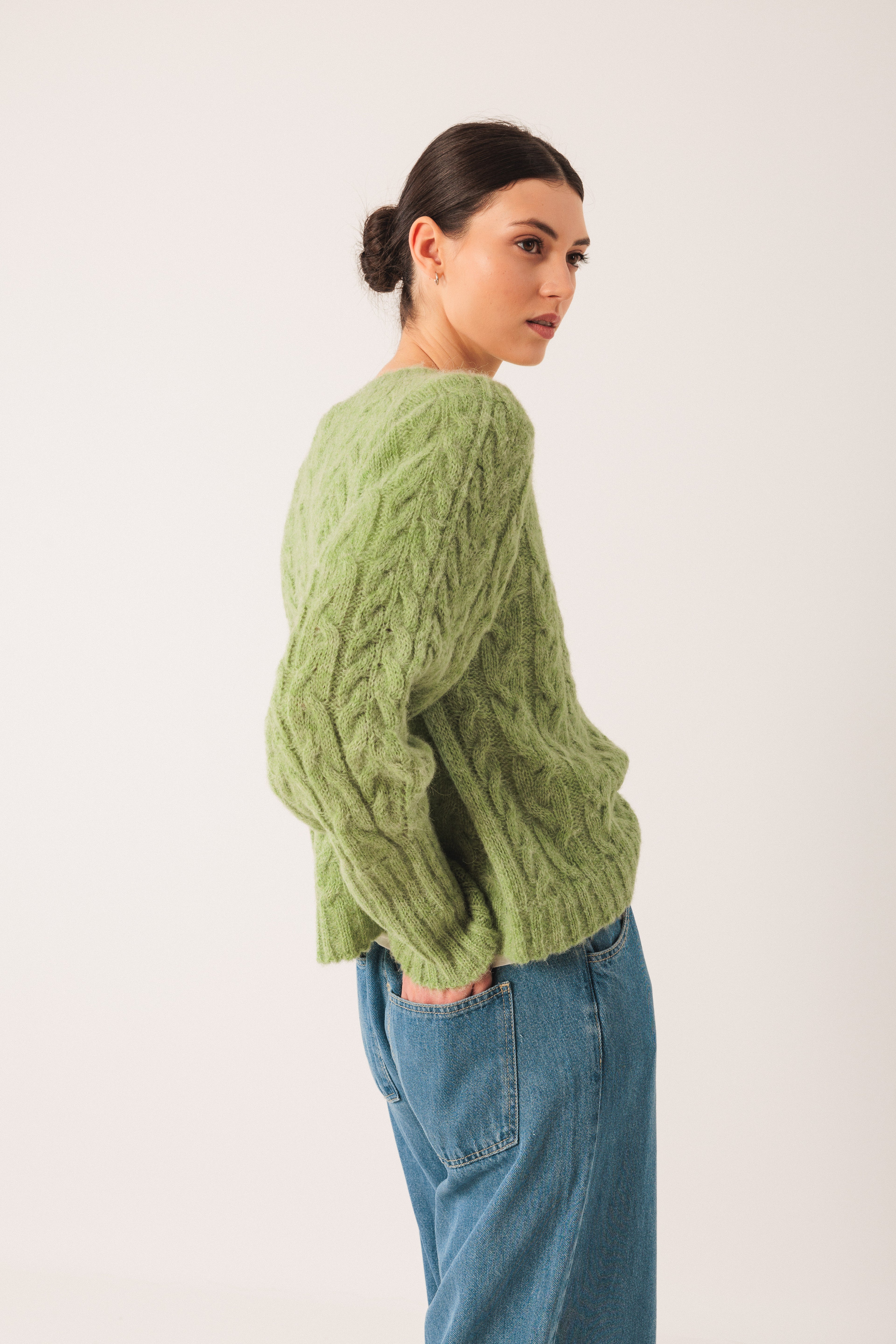 Indi & Cold Cable Knit Crop Sweater (EA501) - Matcha