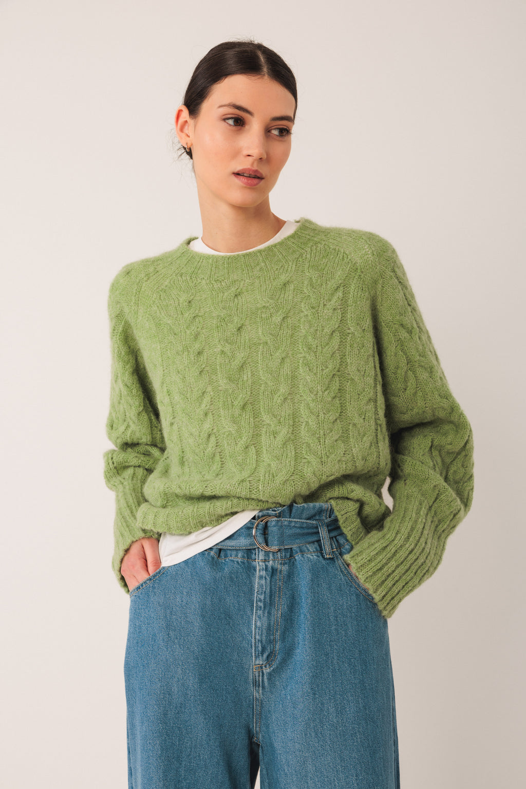 Indi & Cold Cable Knit Crop Sweater (EA501) - Matcha