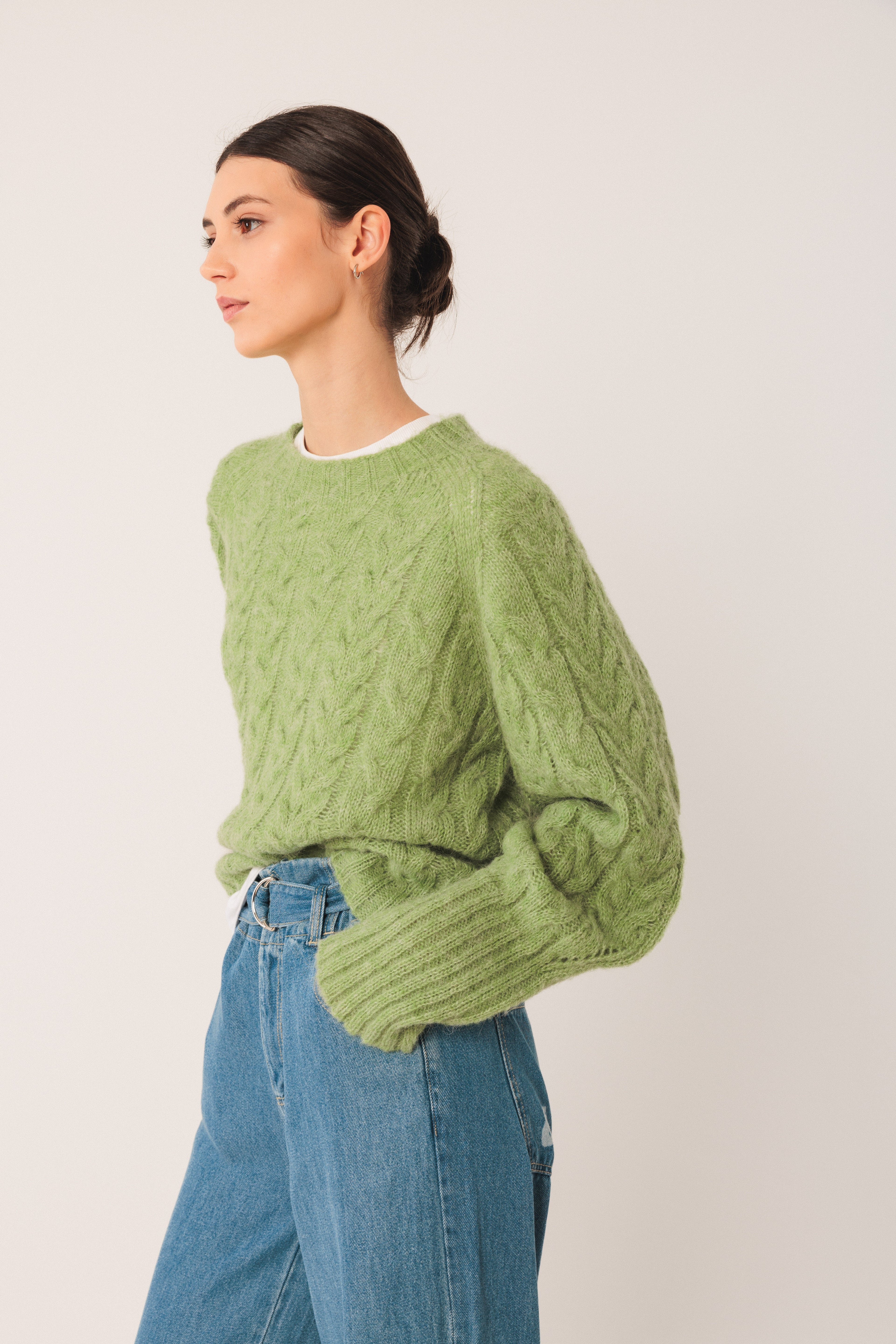 Indi & Cold Cable Knit Crop Sweater (EA501) - Matcha
