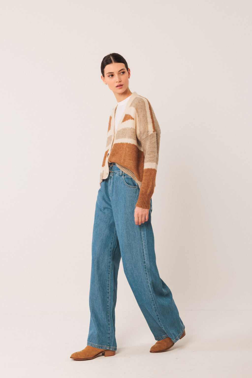 Indi & Cold Intarsia Alpaca Cardigan (EA535) - Camel