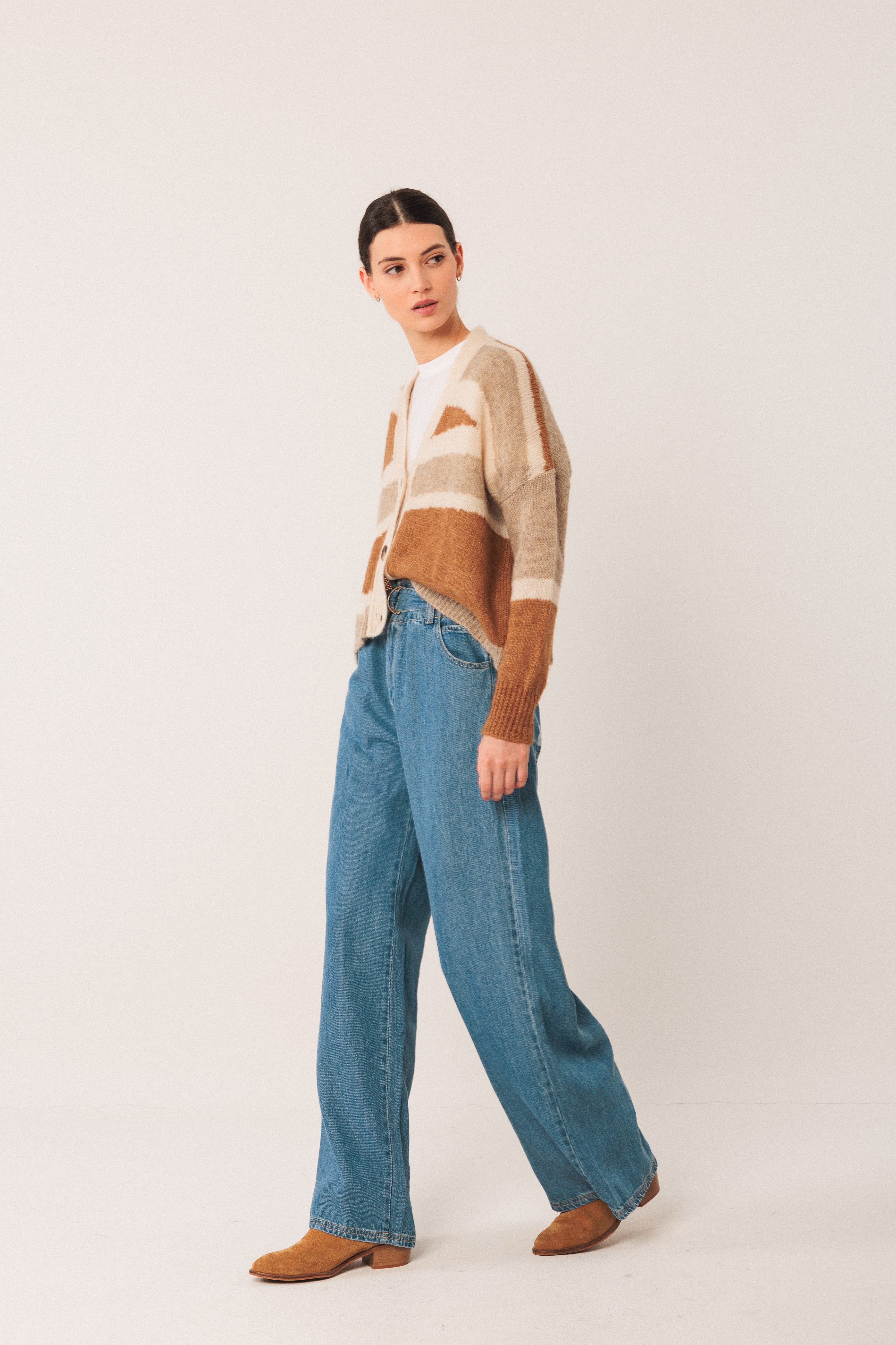 Indi & Cold Intarsia Alpaca Cardigan (EA535) - Camel