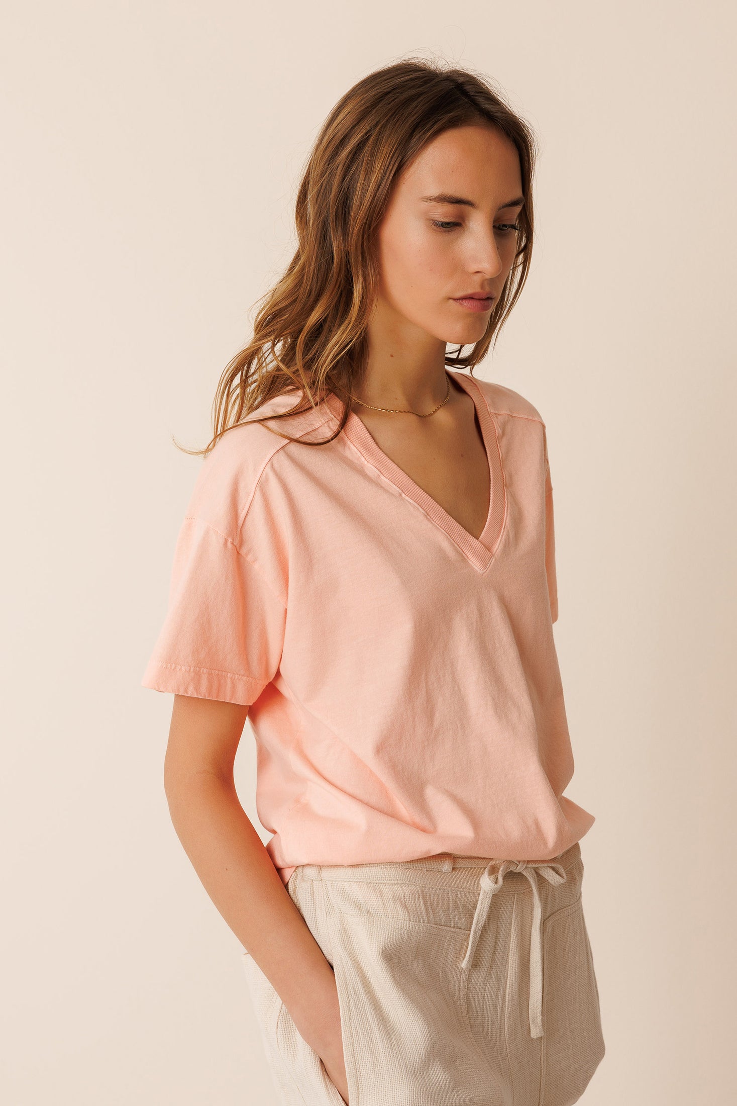 Indi & Cold V-Neck Cotton T-Shirt (ES362) - Peonia