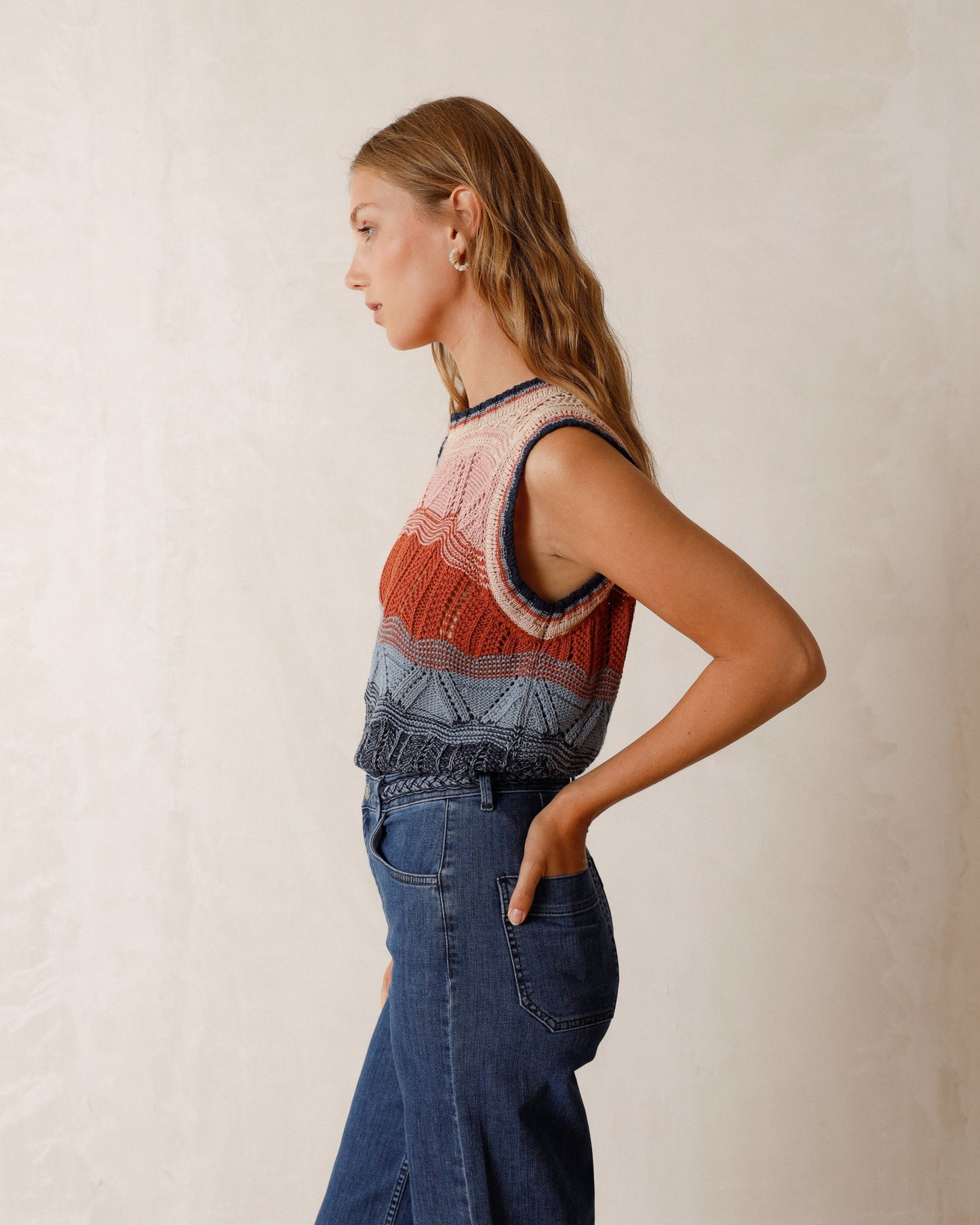 Indi & Cold Multicolour Crochet Vest (GB448) - Indigo