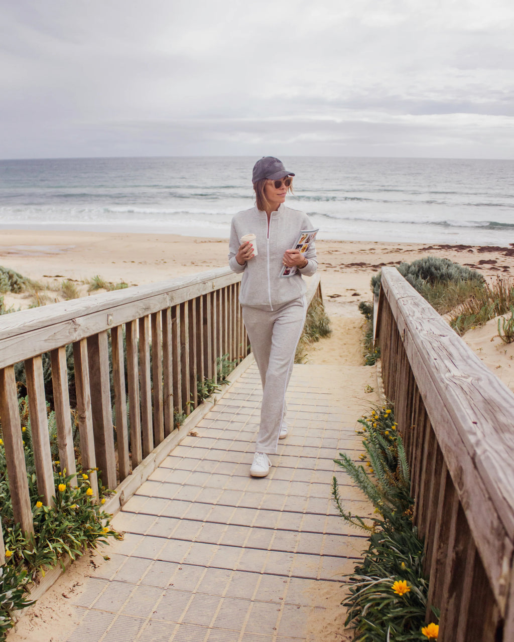 Maya Melbourne Stockholm Fleece Pant - Grey Marle/White Piping