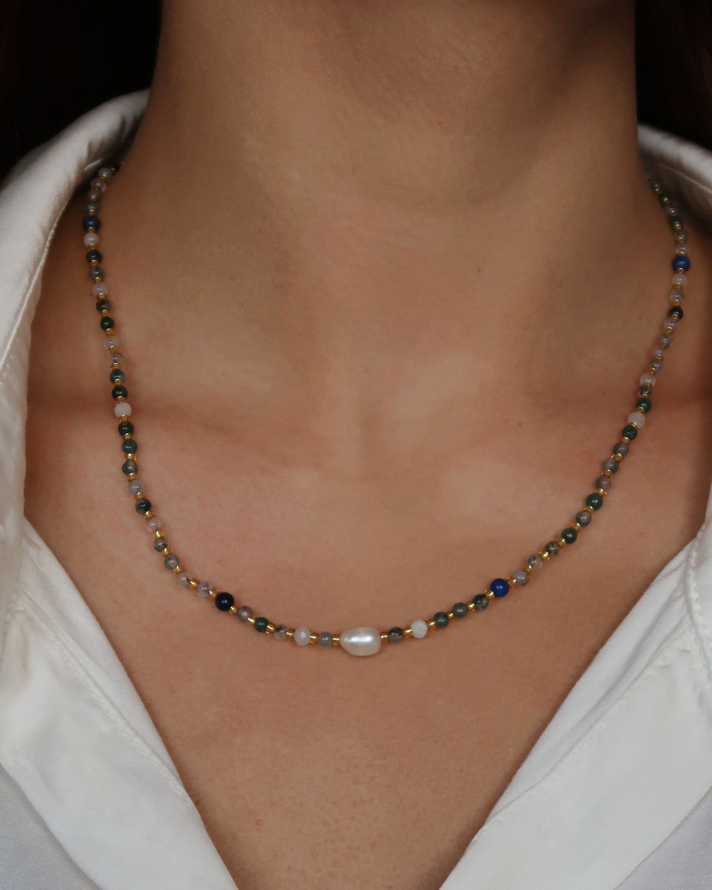 SC Stone Bead Natural Pearl Necklace - Blue Stone Gold Pearl