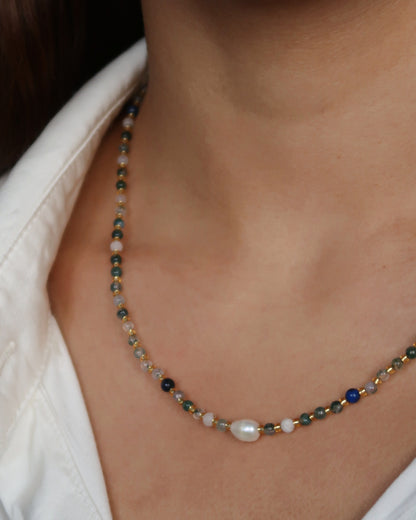 SC Stone Bead Natural Pearl Necklace - Blue Stone Gold Pearl