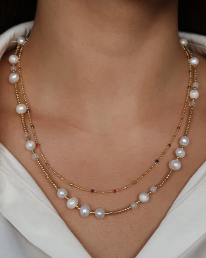SC Pearl Moonstone Gold Bead Necklace