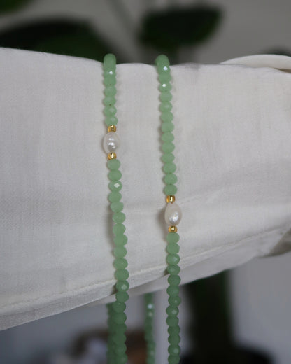 SC Crystal Bead and Natural Pearl Necklace - Mint Green Crystal