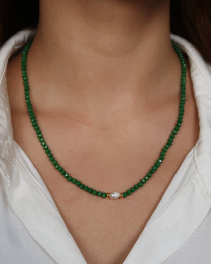 SC Crystal Bead and Natural Pearl Necklace - Emerald Crystal