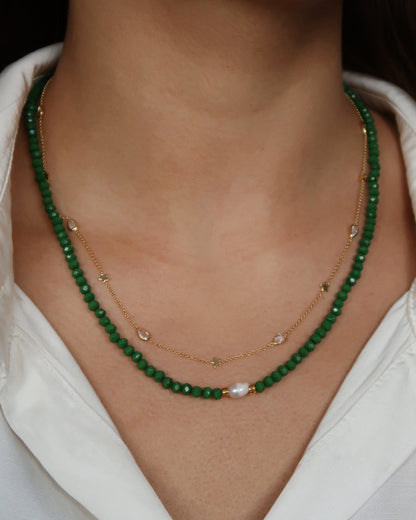 SC Crystal Bead and Natural Pearl Necklace - Emerald Crystal