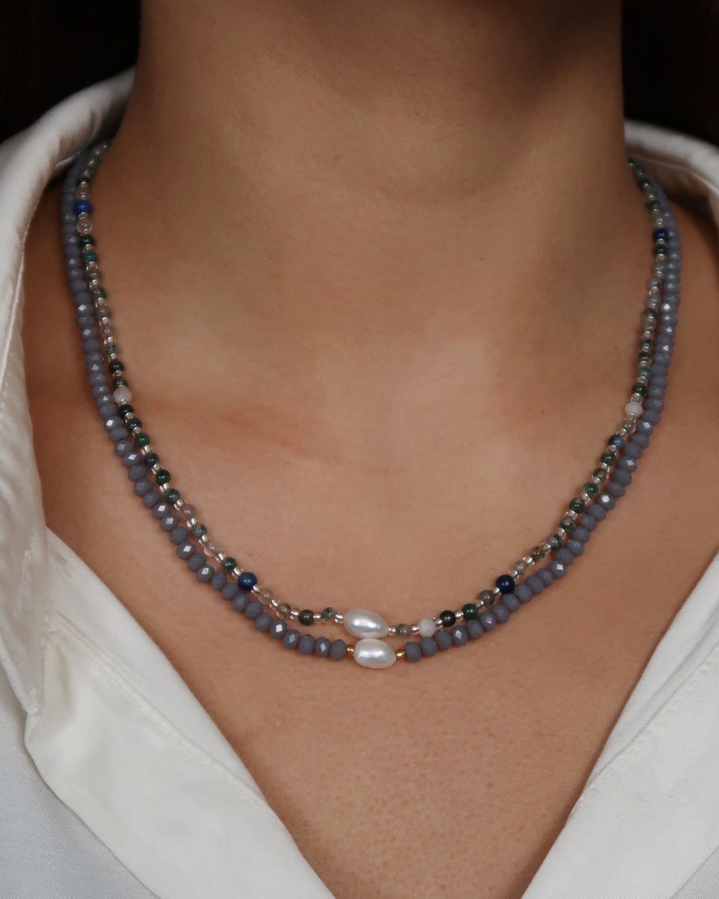 SC Crystal Bead and Natural Pearl Necklace - Grey Crystal
