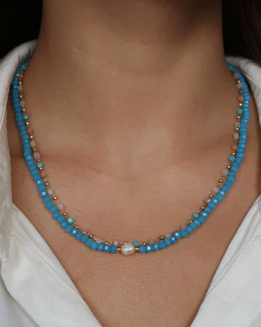 SC Crystal Bead and Natural Pearl Necklace - Aqua Crystal
